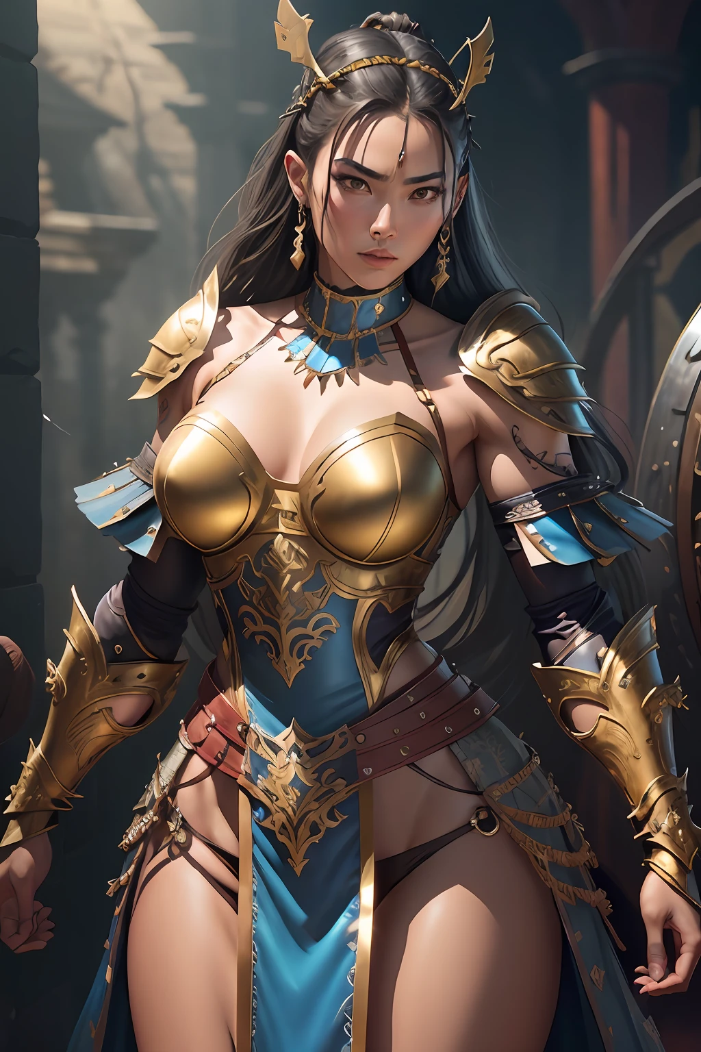 Muscular Japanese woman with dark hair with braids, (blue punk medieval armor). Bright chrome gold lingerie with sharp reflections. Gems. Bare shoulders. (Tiara). Muscle definition. Beautiful, shapely legs. Warrior princess. Detailed lighting. Artwork. Extreme beauty. Clothing with intense colored gradient effect. Professional image with high saturation. Professional camera. Illustration. Vibrant colors.
