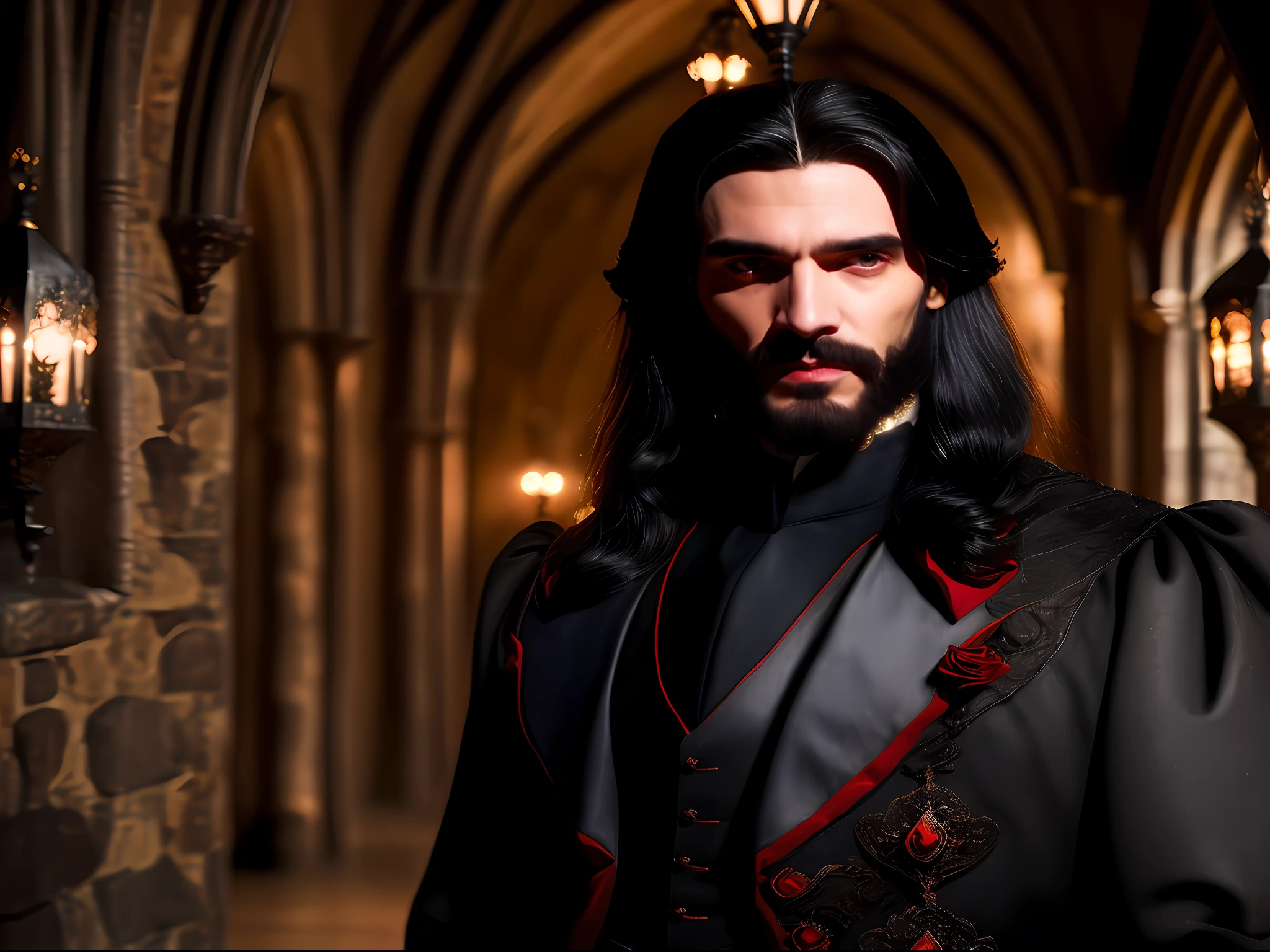 Photo of a handsome 35-year-old count Dracula walking through the halls of his Gothic-style stone castle, He has pale skin, ele tem cabelo preto, ele tem cabelo liso, ele tem cabelos longos na altura dos ombros, ele usa barba no estilo van, Ele tem olhos vermelhos brilhantes Ele usa roupas formais pretas da era vitoriana, The lighting of the castle is a cool and bluish tone, The atmosphere of the castle is dark and frightening, foco nítido, (8k, best quality , master part: 1.2), (Realistic, photo-realistic: 1.37), ultra-detalhado, foto profissional, (Perfect lips), (pele altamente texturizada), (pele altamente detalhada), (Rosto altamente detalhado), (olhos altamente detalhados), detalhes intrincados, (pele ultra detalhada), Foto RAW