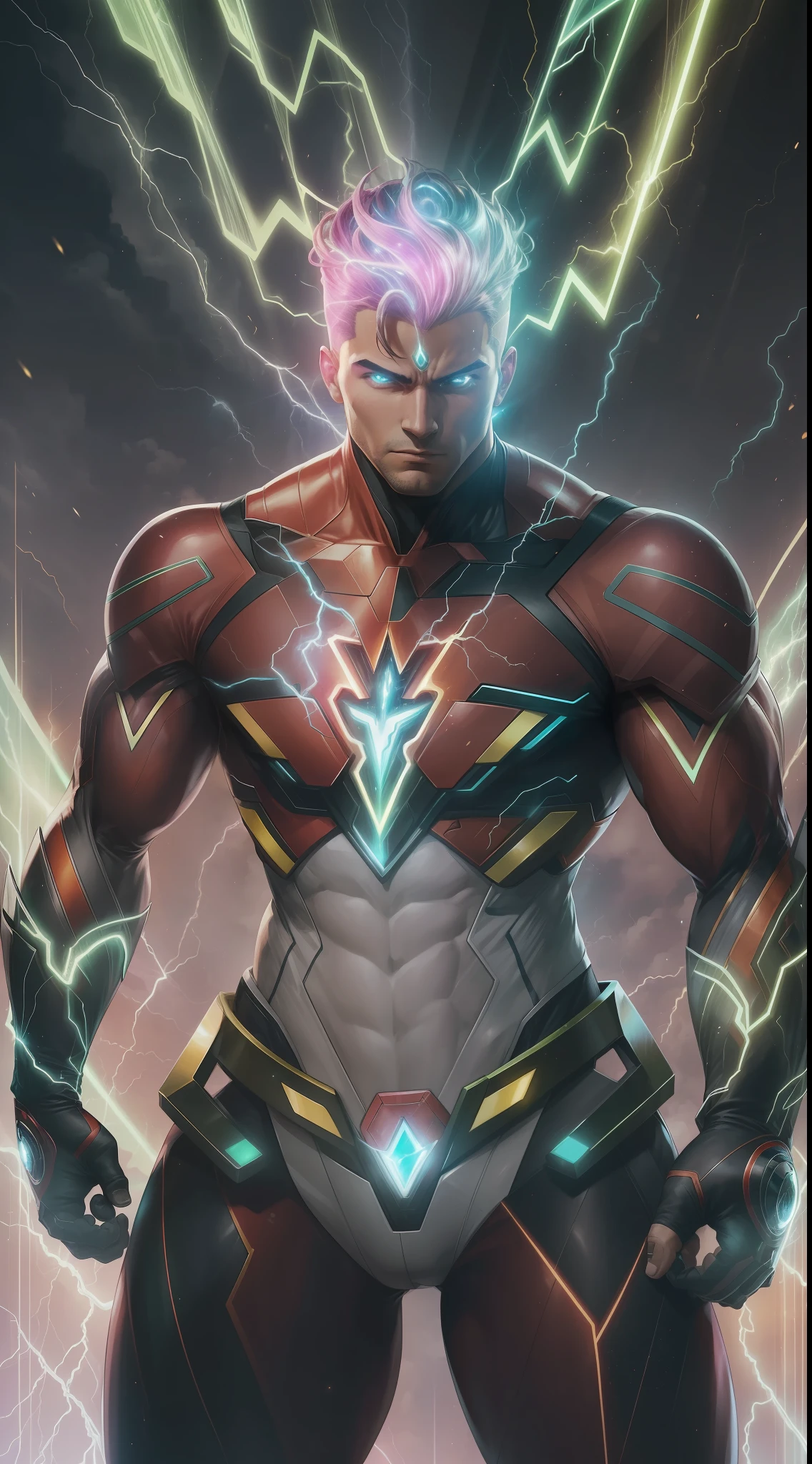 (Ultra resolution 8K), (Stunning illustration), obra maestra muy detallada, Superhero "Voltio Esmeralda": With palpable energy, Voltio Esmeralda irradia vitalidad con su piel resplandeciente de un verde brillante. Su cabello es como hilos de electricidad en movimiento, and his eyes flash with an electric spark. Viste un traje ajustado en tonos verdes y dorados, with lines that run through your body like living circuits. Athletic and muscular body His gloves generate electrical energy fields that he can manipulate at will. Can launch lightning strikes and controlled electric shocks, and can fly using electrical impulses. His suit is equipped with technology that allows him to store and release electrical energy, giving you a wide range of electricity-related skills.