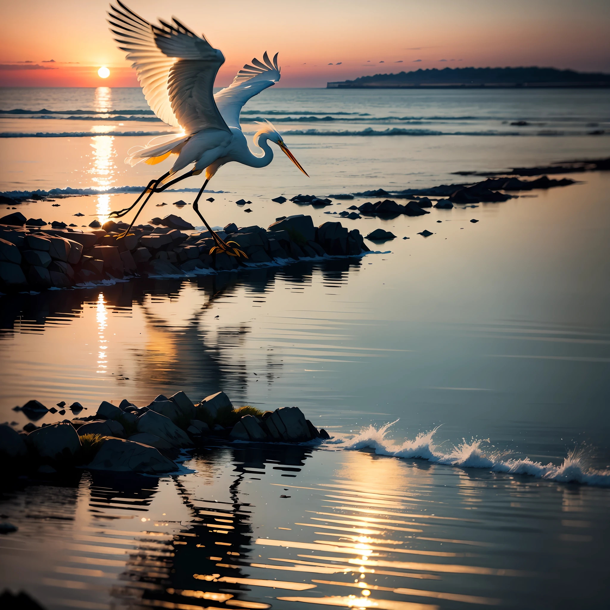 An egret flies,the setting sun,Water and sky,Hazy,Bird shadows intertwined with sunset,The blue water surface is stained with a yellow glow