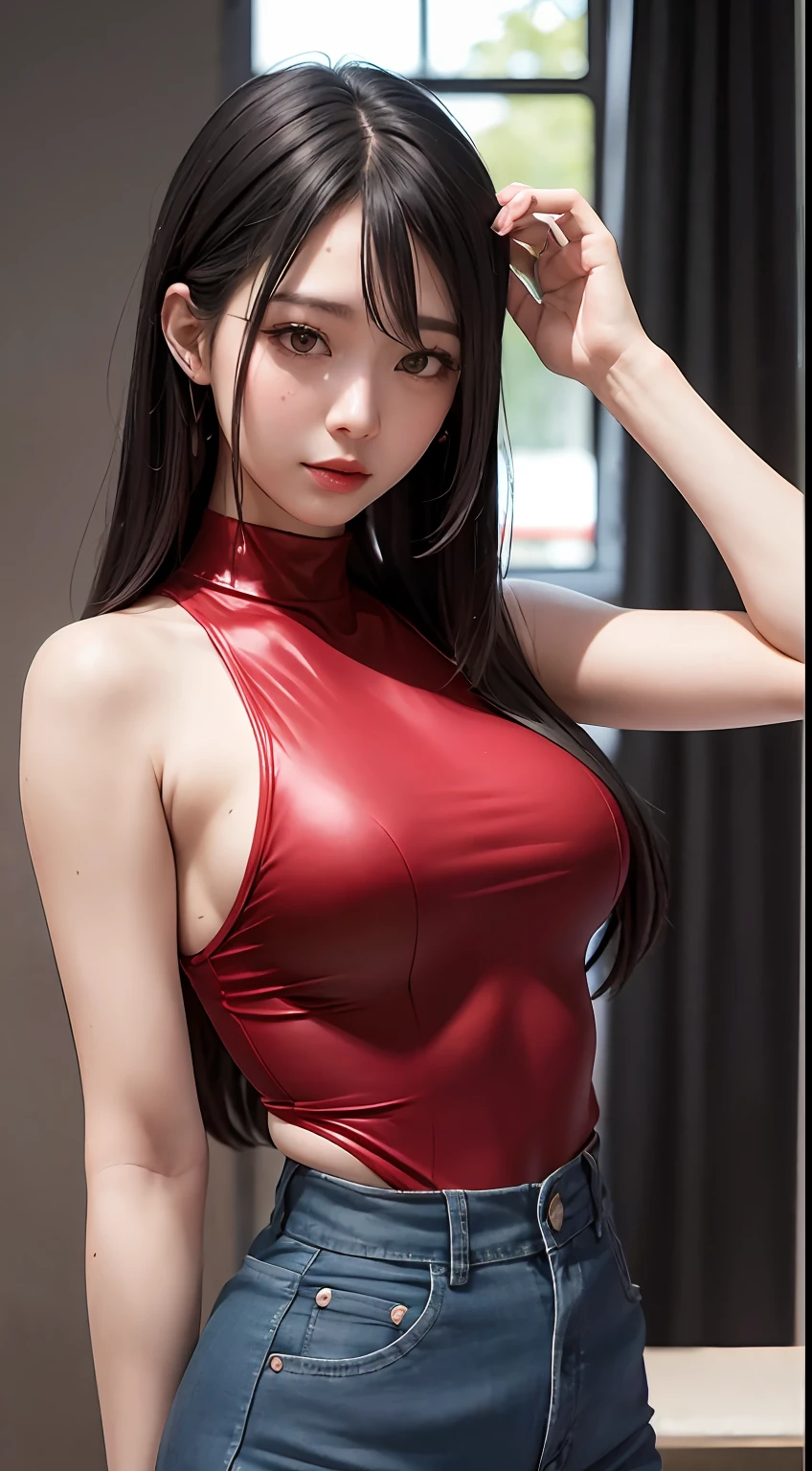 tmasterpiece:1.2,best qualtiy),realisticlying,(Real pictures,Complicated details,depth of fields),(1girll,独奏),putting makeup on,lips parted,highly details,s the perfect face,mediuml breasts,(skin indentation ),(( Slender legs)), big breasts thin waist, Tall, Coral lip, long whitr hair, blackigeyes, ((Haruko Akagi, Red basketball suit,denim short)), (perspired:1.2), (dampness), Raised sexy, Be red in the face,