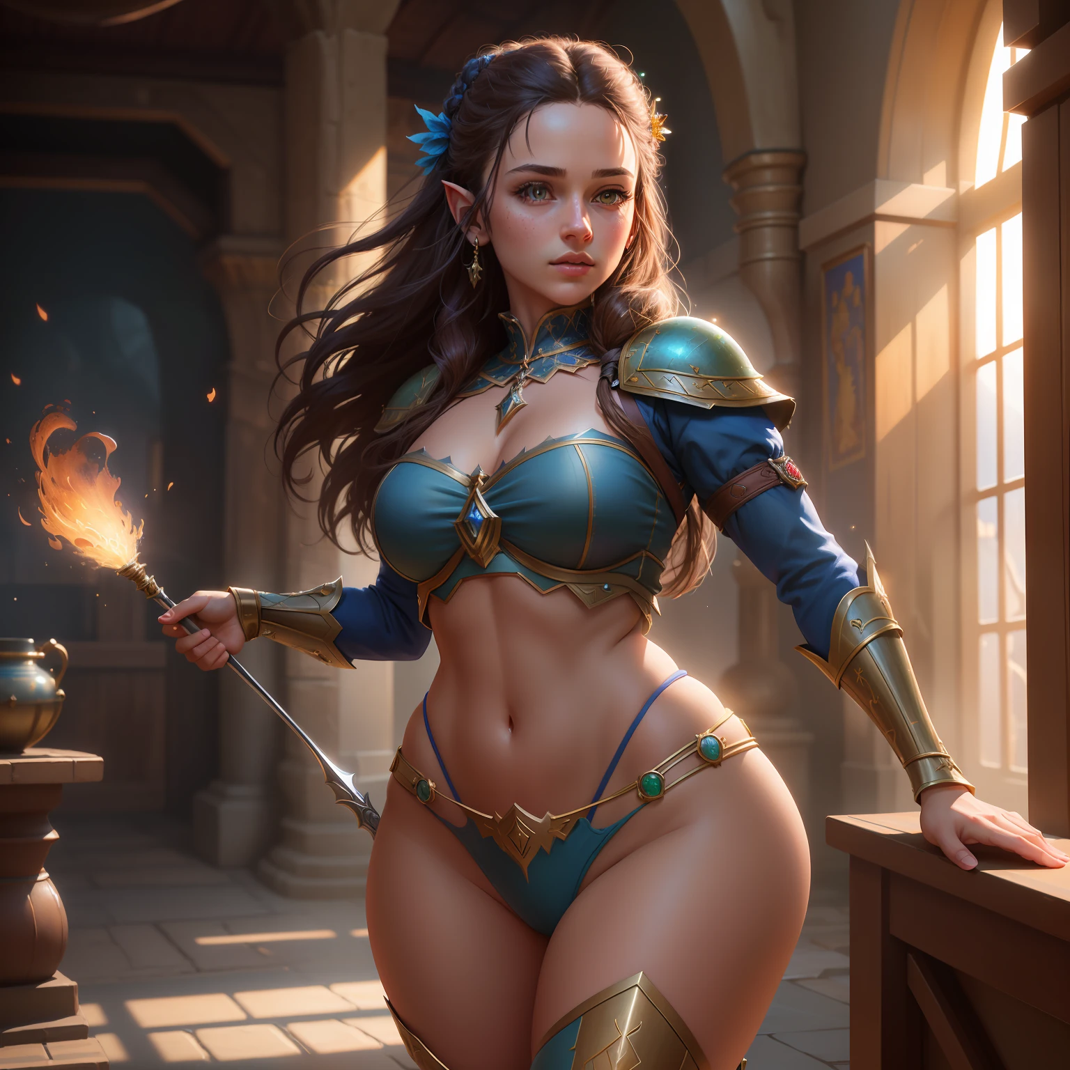 Highly detailed RAW color Photo, beautiful young girl, dynamic pose, (wide hips), (detailed skin), (detailed lips), (detailed eyes), (kingdom:1.4), (lord of the rings:1.1), (Sci-Fi setting) (detailed face), (curvy), detailed eyes, chromatic aberration, depth of field, soft lighting, masterpiece, best quality, intricate, (lens flare:0.7), (bloom:0.7), particle effects, raytracing, tone mapped, highly detailed, concept art, smooth, sharp focus, dramatic lighting, highly detailed artwork, cinematic, hyper realistic painting, trending on Artstation, 8K, incredible shadows, realistic, (highly detailed background:1.2), art by midjourney