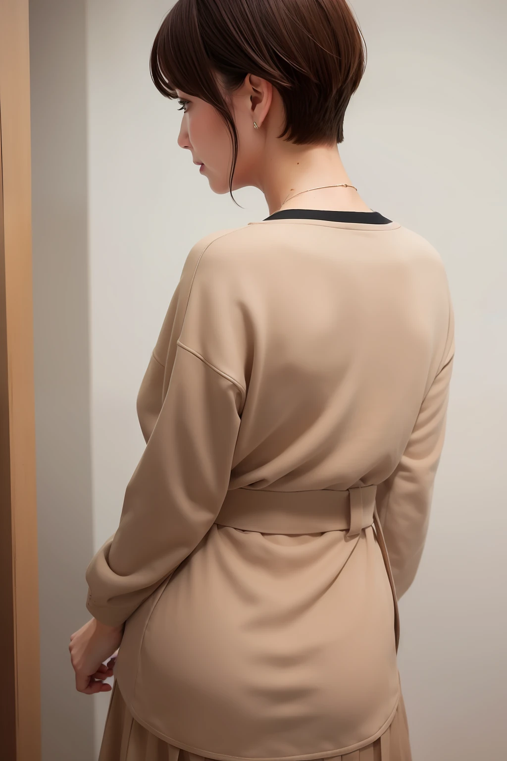 illustratio Rear view Female, 45 years old beige clothing From shoulder up japanes short cut hair