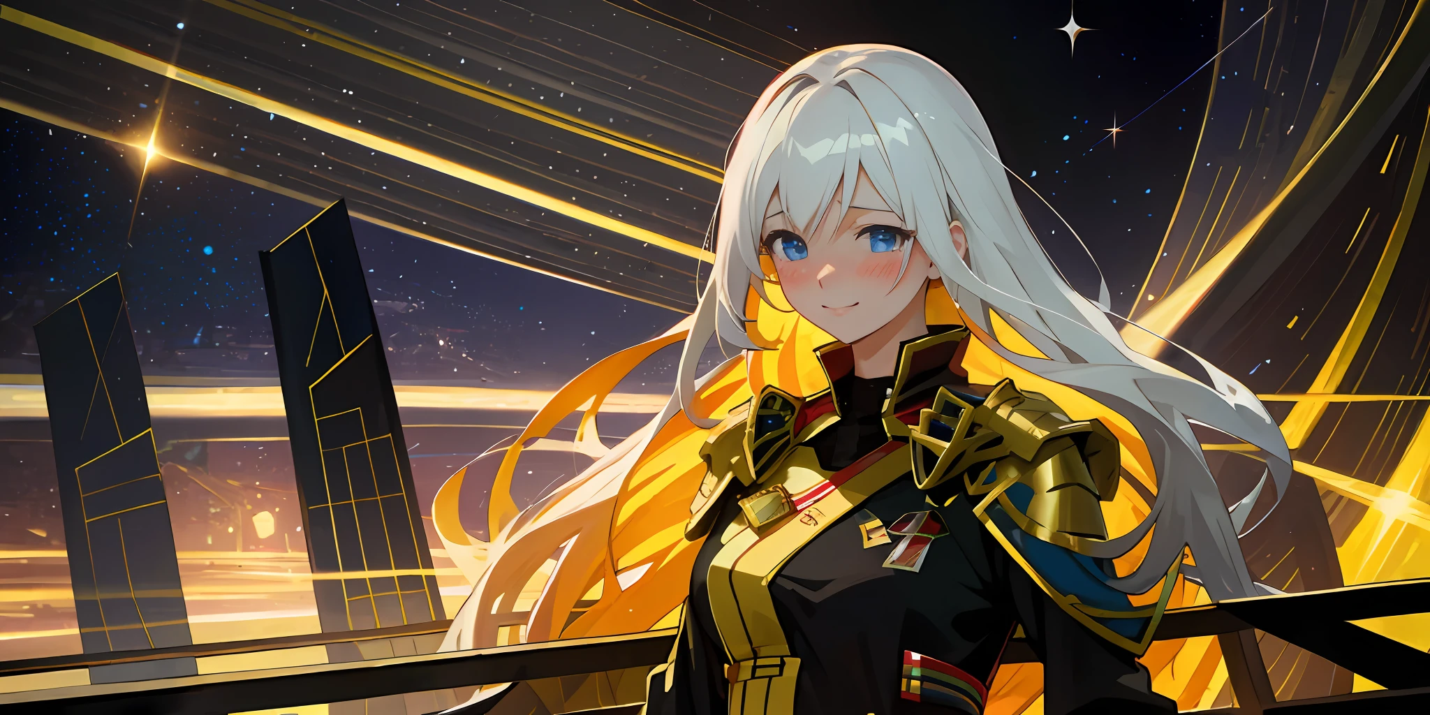 Particularly shy, Cautiously blushed,Happy smile,Cute royal sister,petty eyes,Slightly curved transversely,The sides are slightly inclined,Slight close-up of the face, anime woman fullbody art, Wearing Gorgeous Costume, Anime figure; Full-body art,White hair
