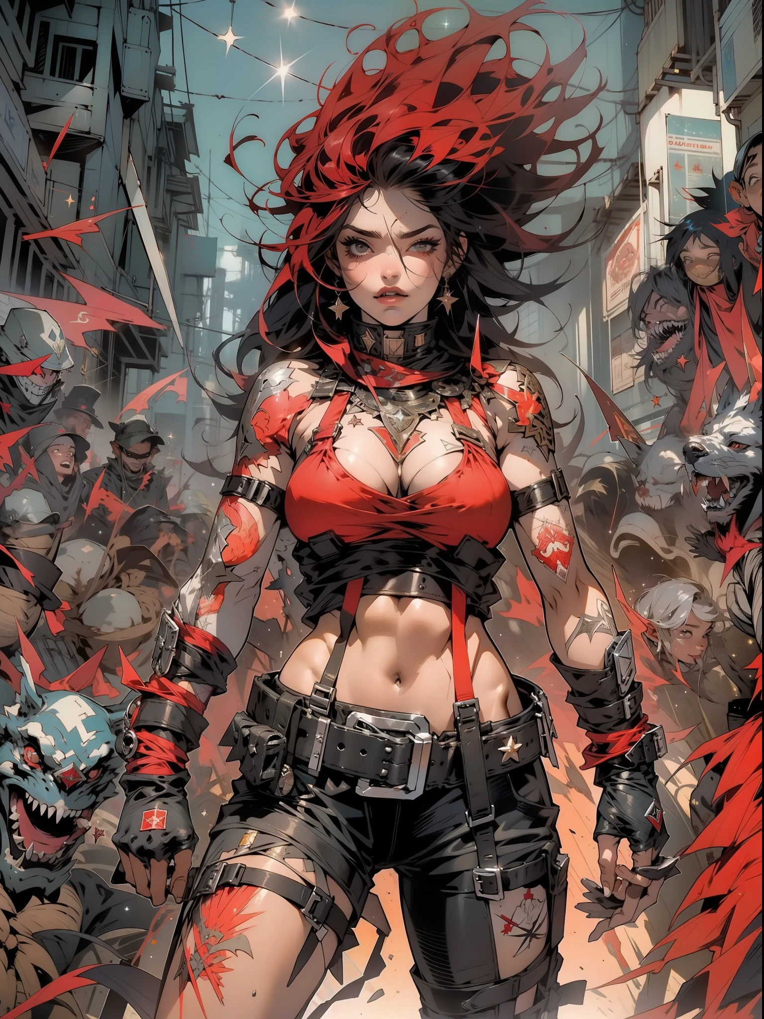 (((mulher))), (((melhor qualidade))), (((obra prima))), (((adulta))), Uma guerreira mulher de 35 anos com corpo perfeito, She-Lobo, (( under boobs )), quase nua no estilo selvagem urbano de Simon Bisley para a capa da revista Heavy Metal, cabelo loiro, Minimum clothing, armadura (vermelho escuro com estrelas brancas), cheio de pontas e rebites manchadas de tinta, tatuagem de estrelas de 5 pontas, (((corpo inteiro))), cabelo preto curto com franja branca cobrindo a testa