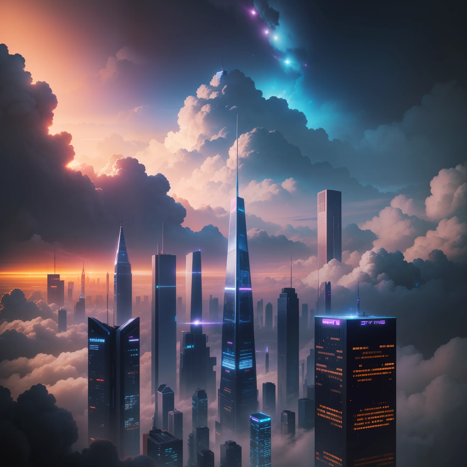 An ultra-high picture quality、top-quality、city of the future、cyberpunked、vibrant light、Skyscrapers、In the clouds、Cosmic view、SF World、