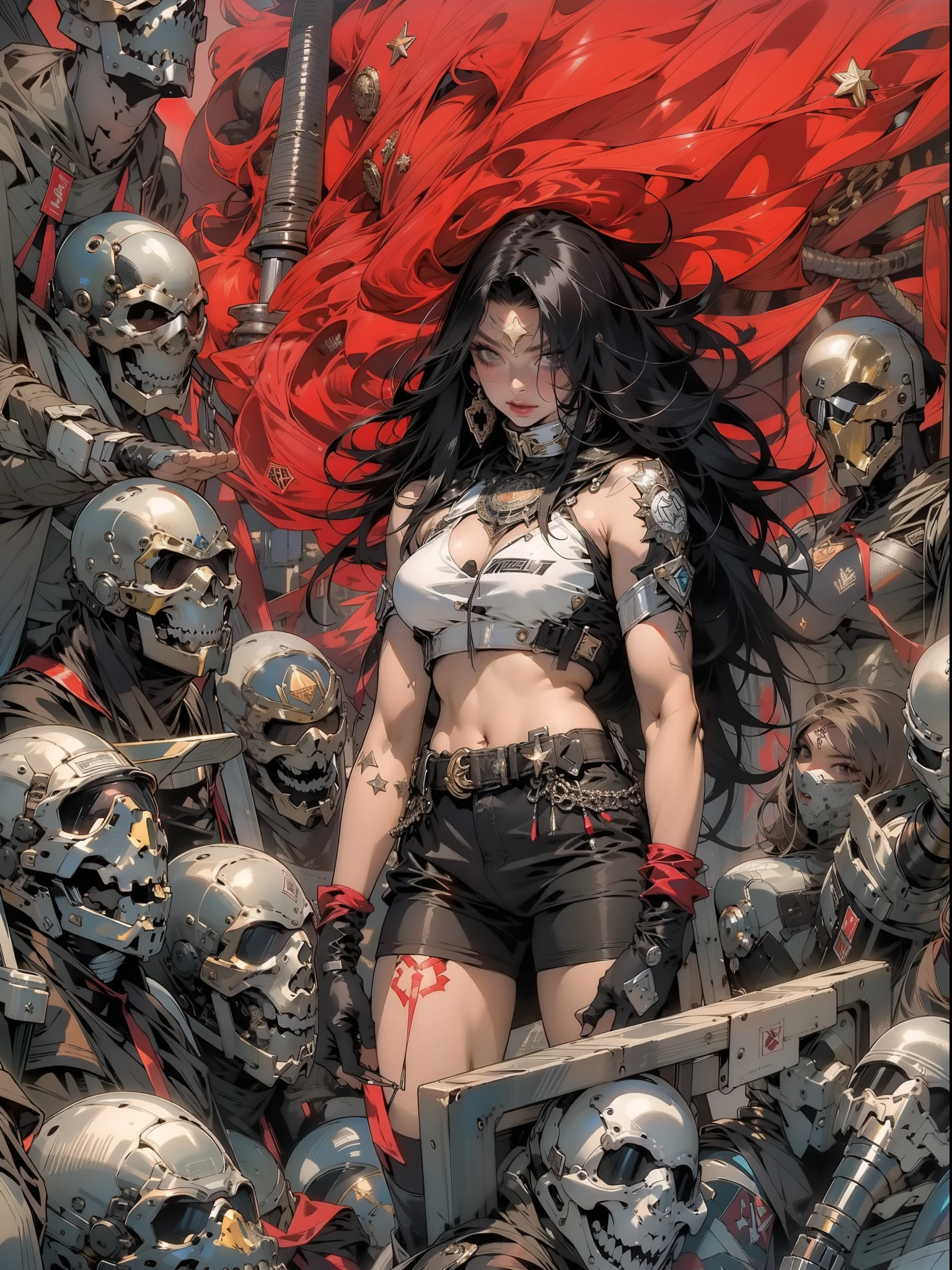 (((mulher))), (((melhor qualidade))), (((obra prima))), (((adulta))), Uma guerreira mulher de 35 anos com corpo perfeito, She-Lobo, (( under boobs )), quase nua no estilo selvagem urbano de Simon Bisley para a capa da revista Heavy Metal, cabelo loiro, Minimum clothing, armadura (vermelho escuro com estrelas brancas), cheio de pontas e rebites manchadas de tinta, tatuagem de estrelas de 5 pontas, (((corpo inteiro))), cabelo preto curto com franja branca cobrindo a testa