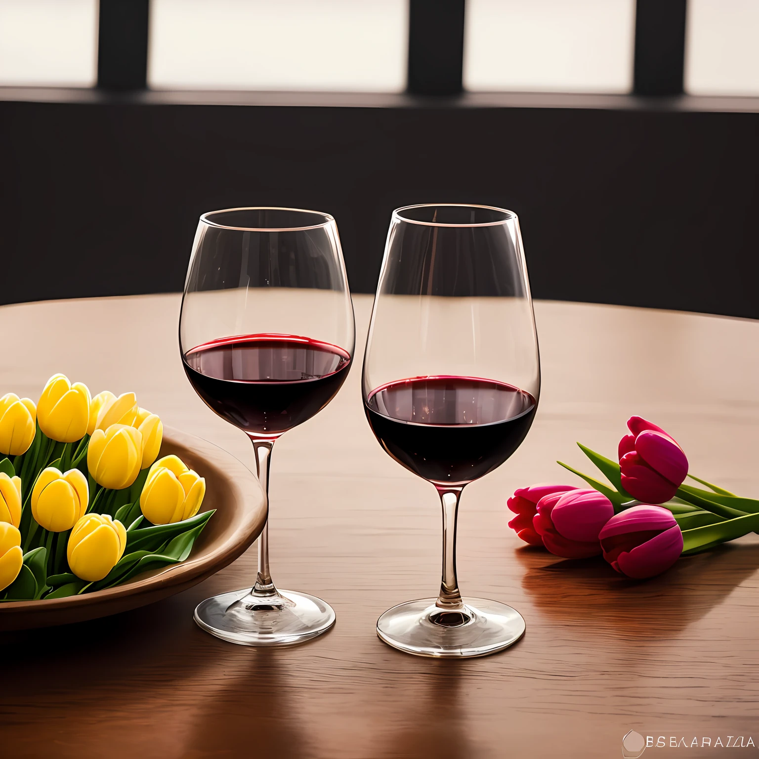There is a glass of wine and a bouquet of tulips on a table, fotografia de natureza morta, Still Life Photo Studio, Foto de natureza morta de um pano de fundo, fotografia fotorrealista, Wineglass, perfect composition and lighting, elegant composition, realistic afternoon lighting, dramatic product photography, foto de beleza, Wine, perfect crisp sunlight