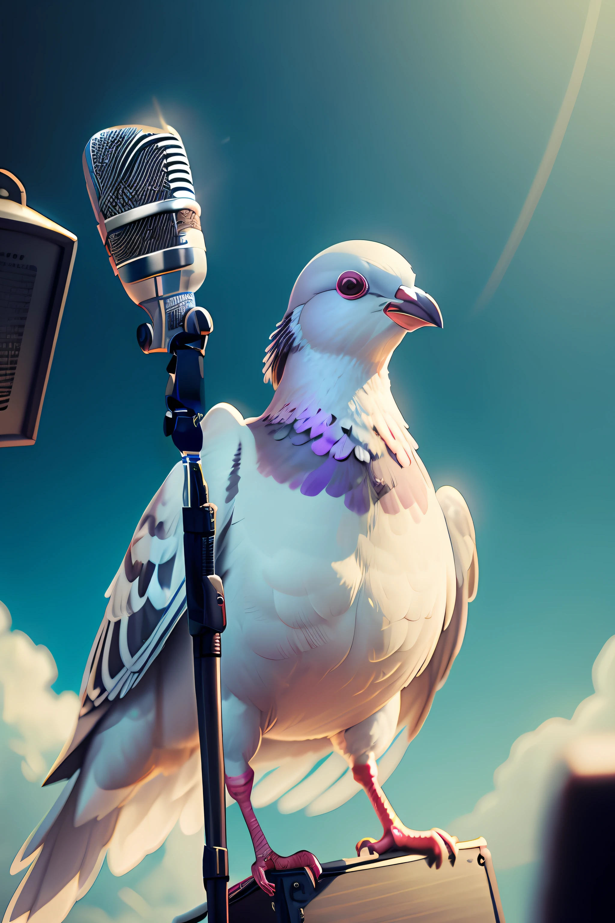 The microphone is next to the pigeon's mouth