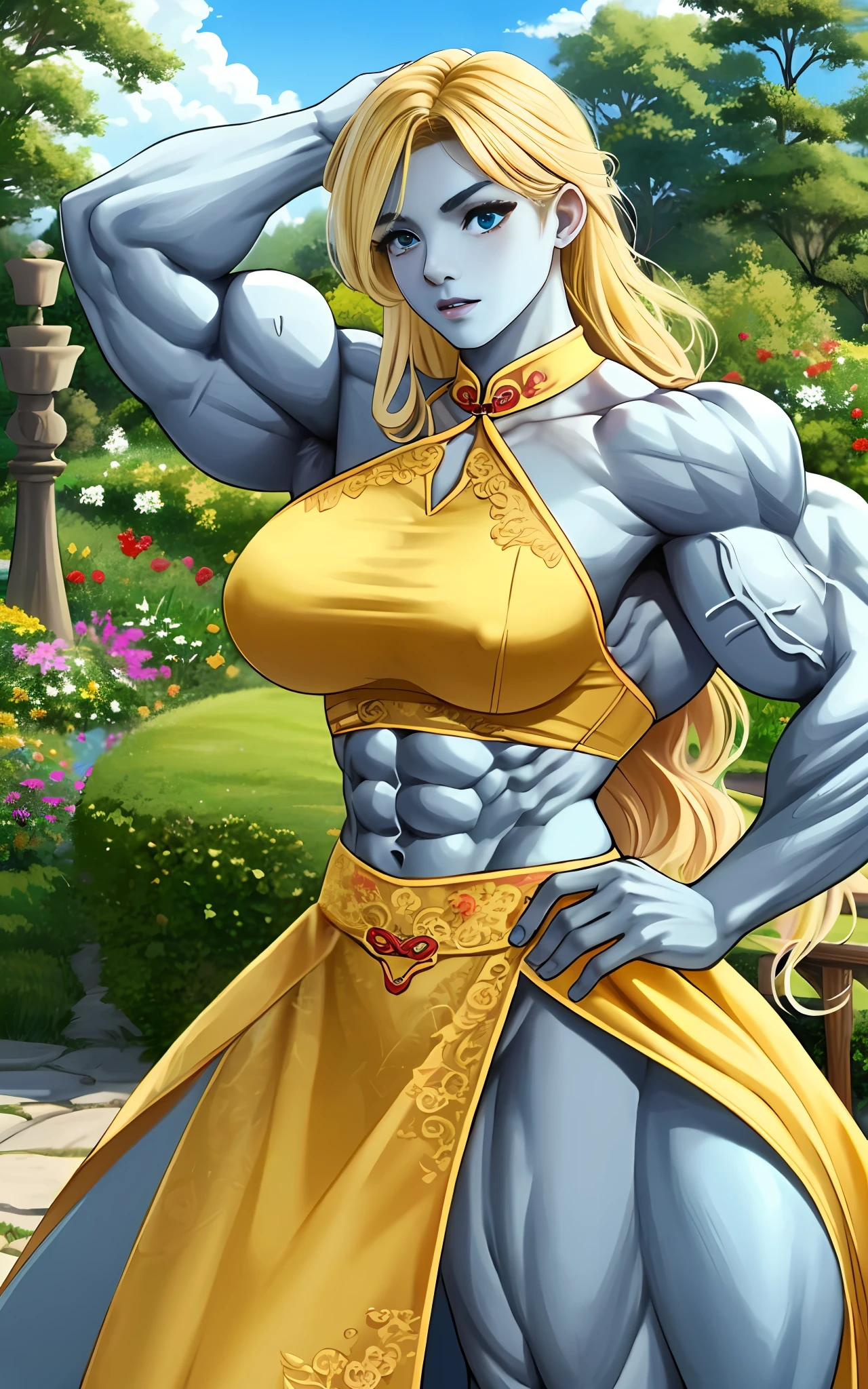 (1girll), huge tit, Breasts, Conque, Moisturizes skin, ,trpical garden ,  Red and yellow cheongsam， s girl,realistic illumination，top Quority，8K，tmasterpiece,Muscular female,Muscular,Abs,(Blonde hair), (Blue skin:1.4),