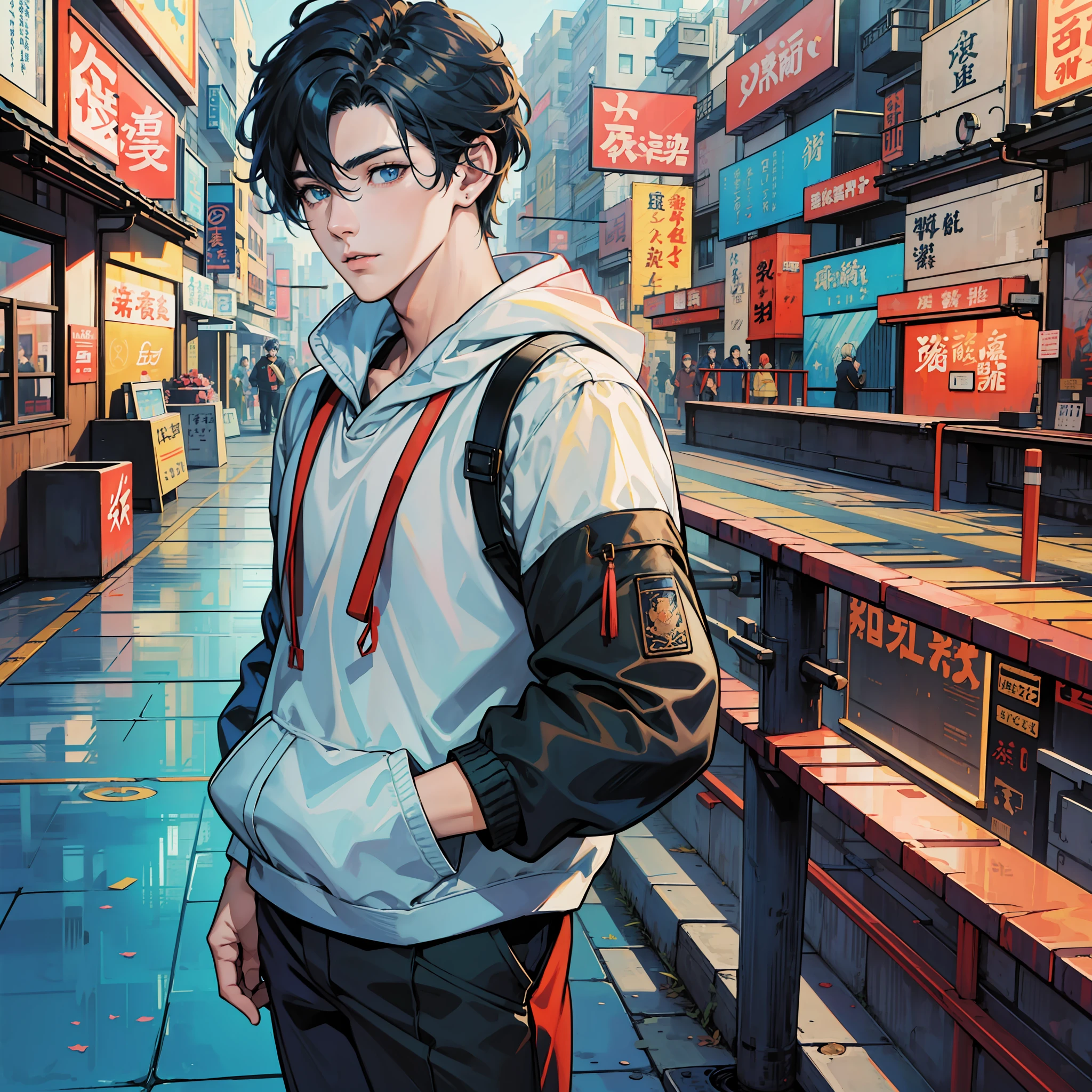 Anime boy calls to talk, ig studios anime style, nightcore, style of anime4 K, High quality anime art style, Anime boy, young anime man, Anime art style, Digital anime illustration, Anime style. 8K, in an anime style, male anime character, Kawasi，best qualtiy：1.0），（超高分辨率：1.0），Anime boys，with short black hair，blue color eyes，soccer court，Sense of distance， dutch angle