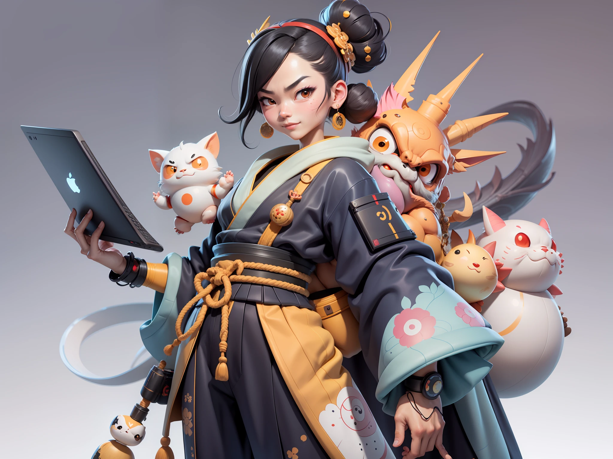 (Daisaku),(Need),(Super meticulous),(full bodyesbian:1.2),Japanese ukiyo-e girl,japanese geisha,Beautiful,Oriental dragon,Aeolian Thor,Raised sexy,爆乳,Oriental face,TV Anchor,Bust portrait illustration,Alone,In black suit,a blue tie,The face is slightly chubby,The face was clean,without a beard,Black super short hair,Black eyes,Smile confidently,3C computer sub-products,iPad, iphone,Digital painting,3D character design by Mark Clairen and Pixar and Hayao Miyazaki and Akira Toriyama,The illustration is a high-definition illustration in 4K resolution,With very detailed facial features and cartoon-style visuals。