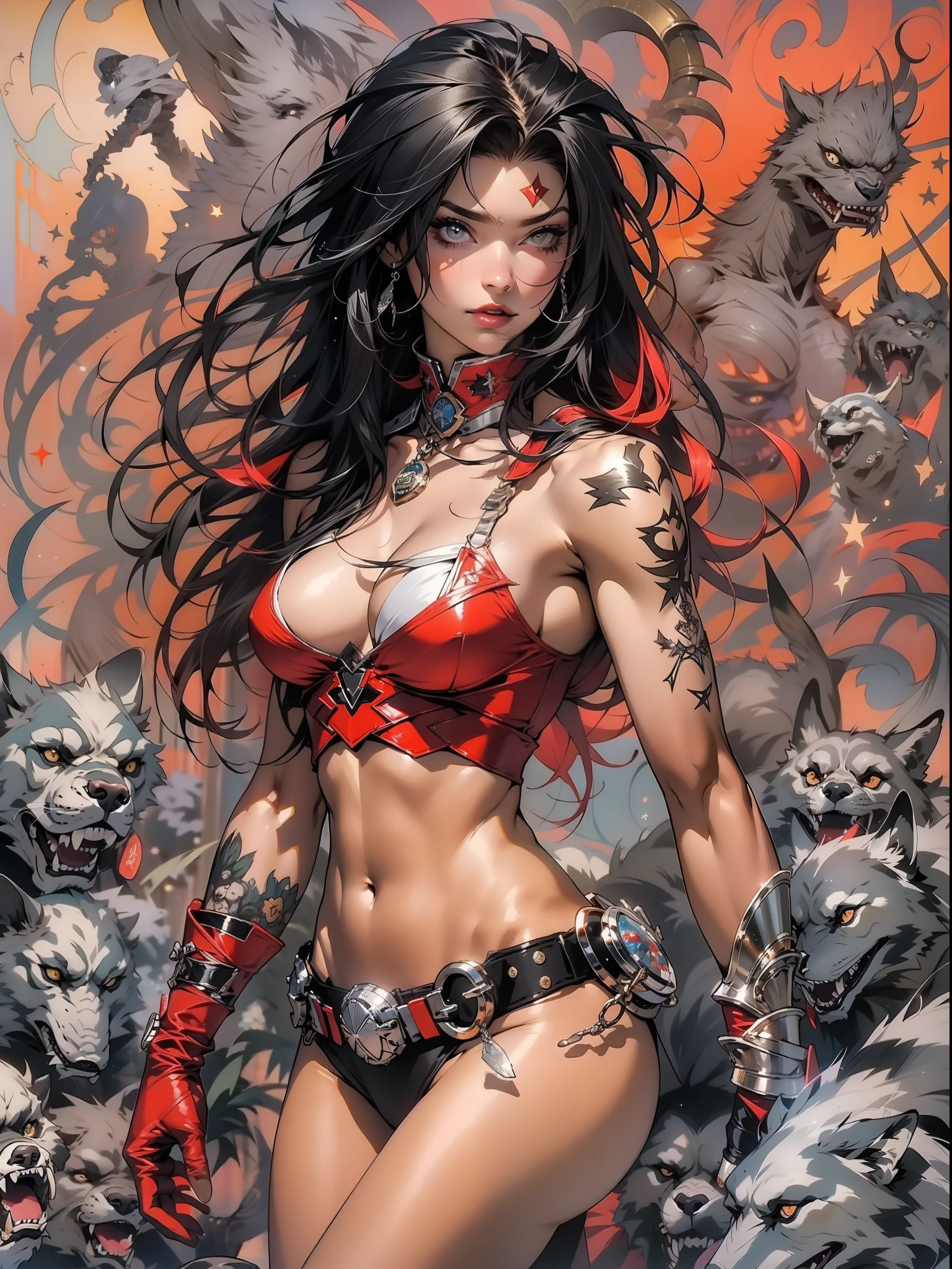 (((mulher))), (((melhor qualidade))), (((obra prima))), (((adulta))), Uma guerreira mulher de 35 anos com corpo perfeito, She-Lobo, (( under boobs )), quase nua no estilo selvagem urbano de Simon Bisley para a capa da revista Heavy Metal, cabelo loiro, Minimum clothing, armadura (vermelho escuro com estrelas brancas), cheio de pontas e rebites manchadas de tinta, tatuagem de estrelas de 5 pontas, (((corpo inteiro))), cabelo preto curto com franja branca cobrindo a testa