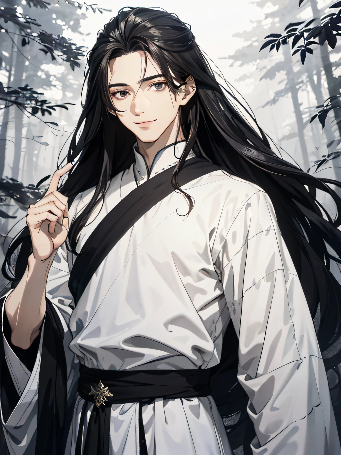 Absurd, High Definition, super detailed, texture details, clear presentation, HD details, detail performance, Fine details, Clear face, accurate restoration, ((cabelos preto e longos))、length hair、18-year-old man, Handsome, Smile、slightly muscular,(clear eyeballs), Shining eyes、Star Eye、(Expressive eyes)、(1 person: 1.3), handdraw, Simple lines, (18-year-old man in white han dress), foggy forest、The upper part of the body、crescent、Night