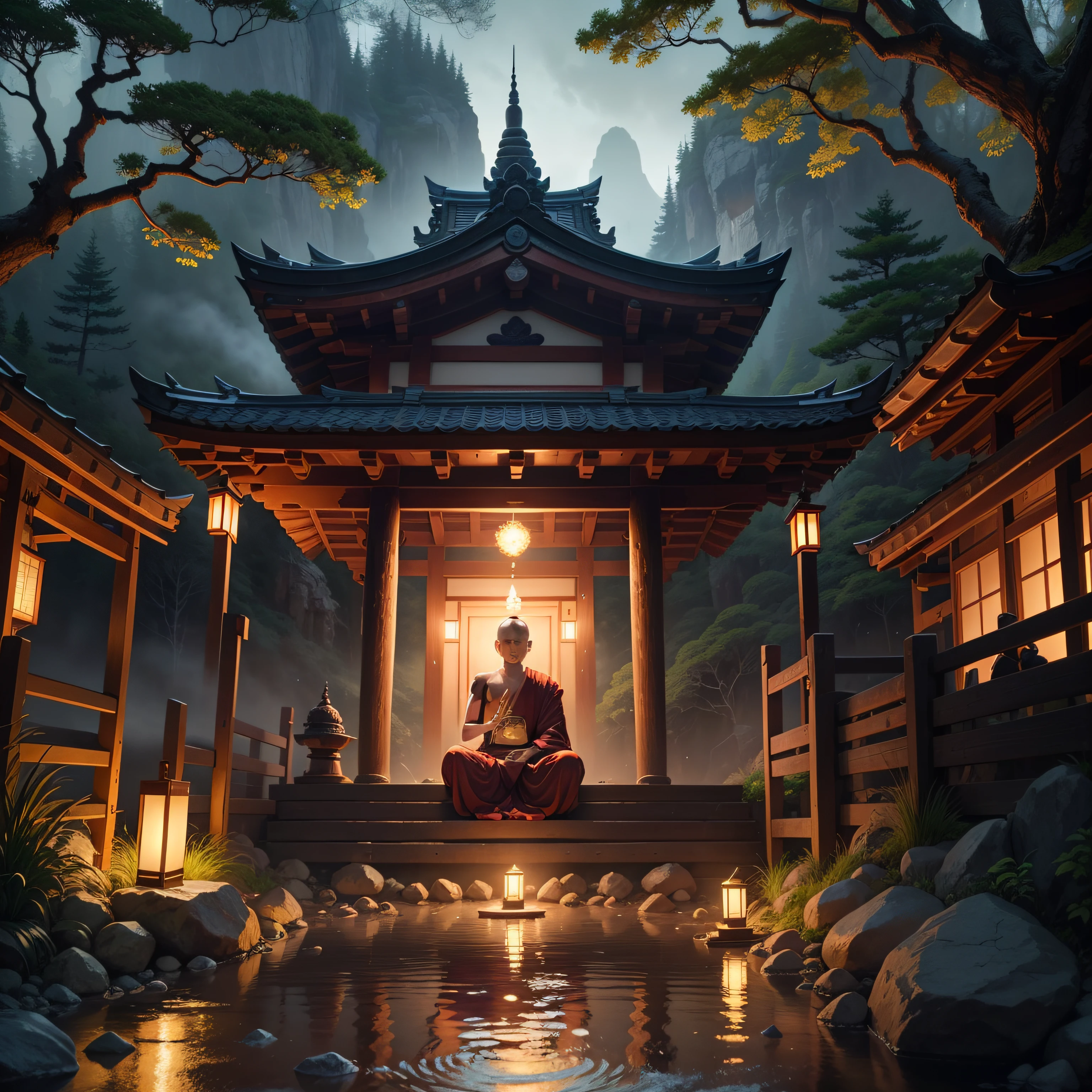 a person meditating with lit candles, hindu meditation stages, meditating monk, meditation, japanese village temple scene, prayer meditation, meditating monk, glowing temple in the distance, waterfalls, gurgling streams, floating in a powerful meditative state, buddhism, meditating, buddhism, meditatively enchanting natural scenery, mystical scenery, temples in the woods, mysterious temple scene