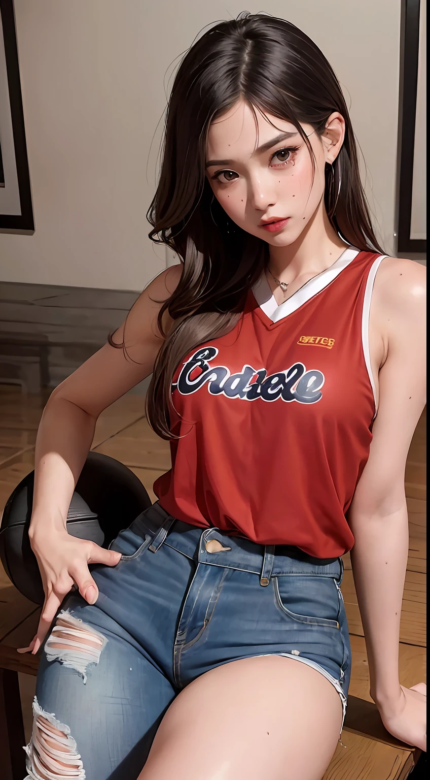 Masterpieces: 1.2, best quality), lifelike, (real pictures, complex details, depth of field), (1 girl, solo), makeup, lips parted, high details, perfect face, medium breasts, (skin indentation), ((thin legs)), thin waist, tall body, coral lips, long hair, black eyes, ((Akira, red Basketball uniform, jeans shorts), (sexy, sweating, blushing,)
