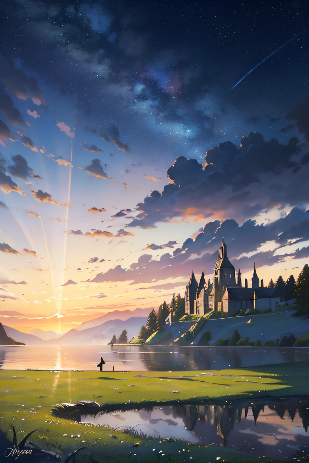 (highly detailed), ((masterpiece)),(Impasto), intricate, digital painting,shadow ,landscapes , fantasy,delicate grassland,(piers:1.3),(lake:1.3),(villiage:1.2),lights,clear sky ,wind ,beautiful sky ,cumulus ,(night star)