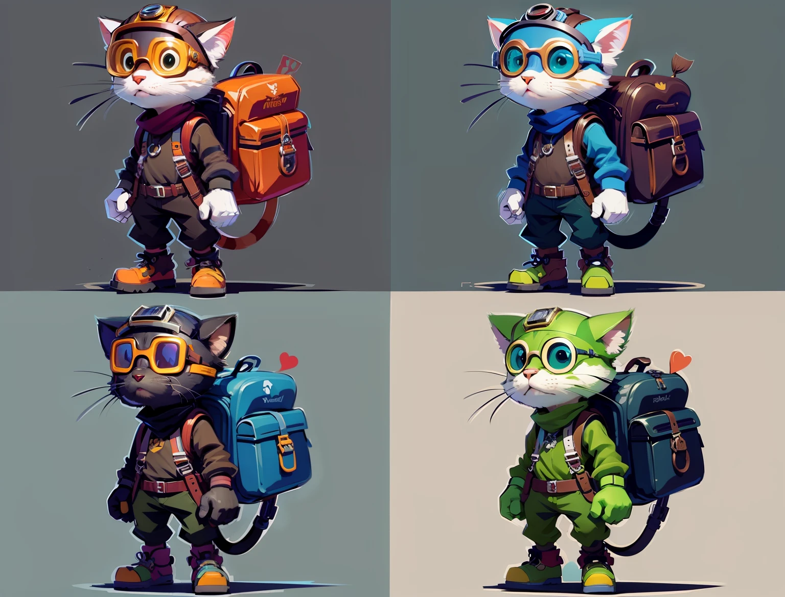 Sketch of a cat with a backpack and goggles, Highly detailed character design, Cartoon concept art, line work concept art, comic character design, senior concept artist, detailed character art, Stylized character design, character concept explorations, very stylized character design, Official concept art, official character illustration, high quality character design, Stylized concept art, anthro concept art