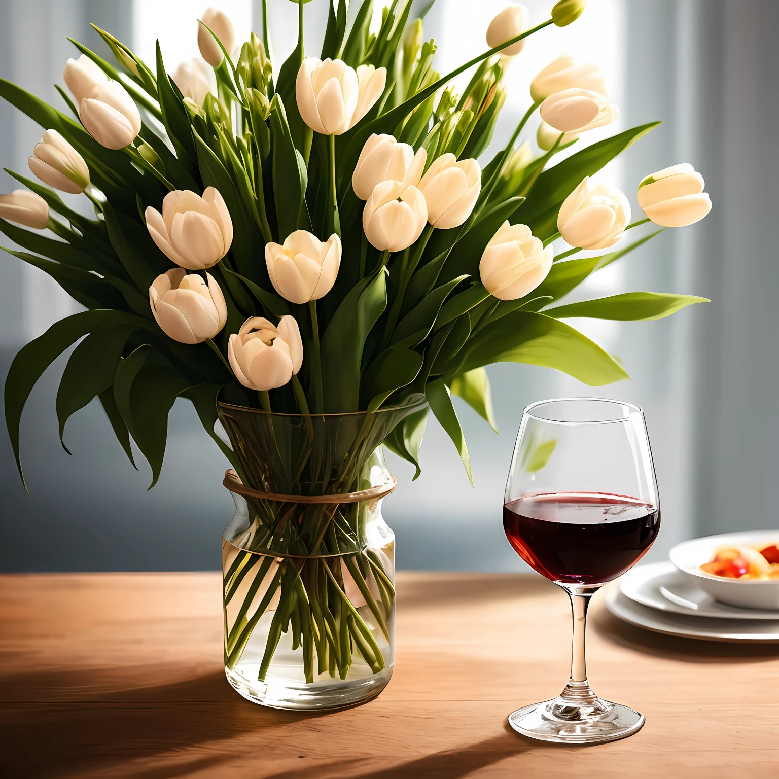 There is a glass of wine and a bouquet of tulips on a table, fotografia de natureza morta, Still Life Photo Studio, Foto de natureza morta de um pano de fundo, fotografia fotorrealista, Wineglass, perfect composition and lighting, elegant composition, realistic afternoon lighting, dramatic product photography, foto de beleza, Wine, perfect crisp sunlight