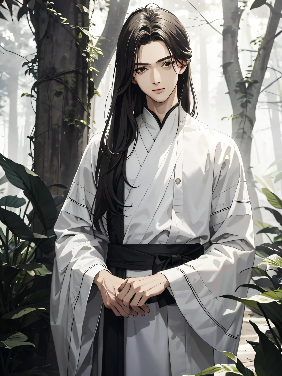 Absurd, High Definition, super detailed, texture details, clear presentation, HD details, detail performance, Fine details, Clear face, accurate restoration, ((cabelos preto e longos))、length hair、18-year-old man, Handsome, tall,Soft smile、slightly muscular,(clear eyeballs), (1 person: 1.3), handdraw, Simple lines, (18-year-old man in white han dress), foggy forest、The upper part of the body