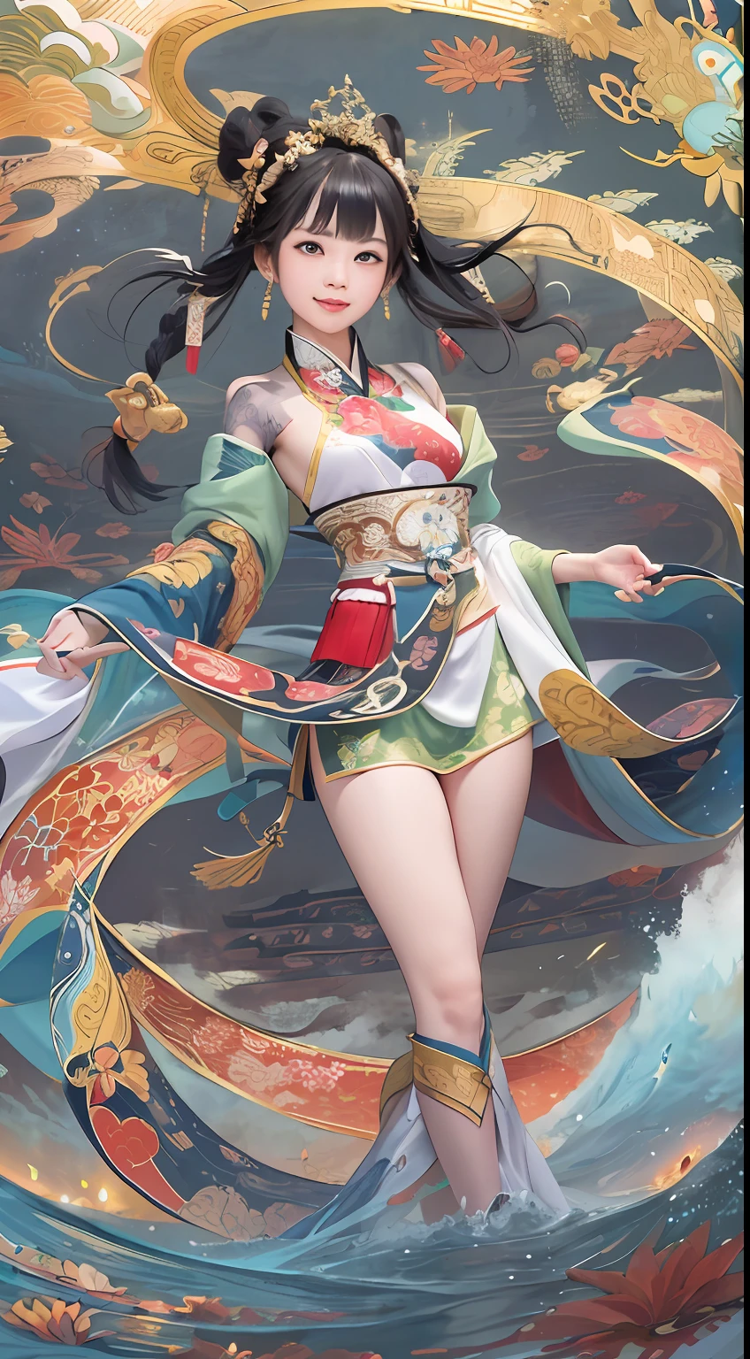 Official Art, Unified 8K Wallpapers, Ultra Detailed, Beautiful and Aesthetic, Masterpiece, Best Quality, (Zentangle, Tangle, Entangle), (fractal art: 1.4), 1girl, black hair, Chinese, bare shoulders, short skirt, calf, navel, very detailed, dynamic angle, cowboyshot, (most beautiful form chaos), flowing, (bright colors), oc, (half: 1.2), china, (thangka flying sky: 1.5), (ribbon: 1.3), (dream: 1.5), (hanfu: 1.5), Chinese dragon, Chinese phoenix, (smile: 0.5), (Chinese deity),