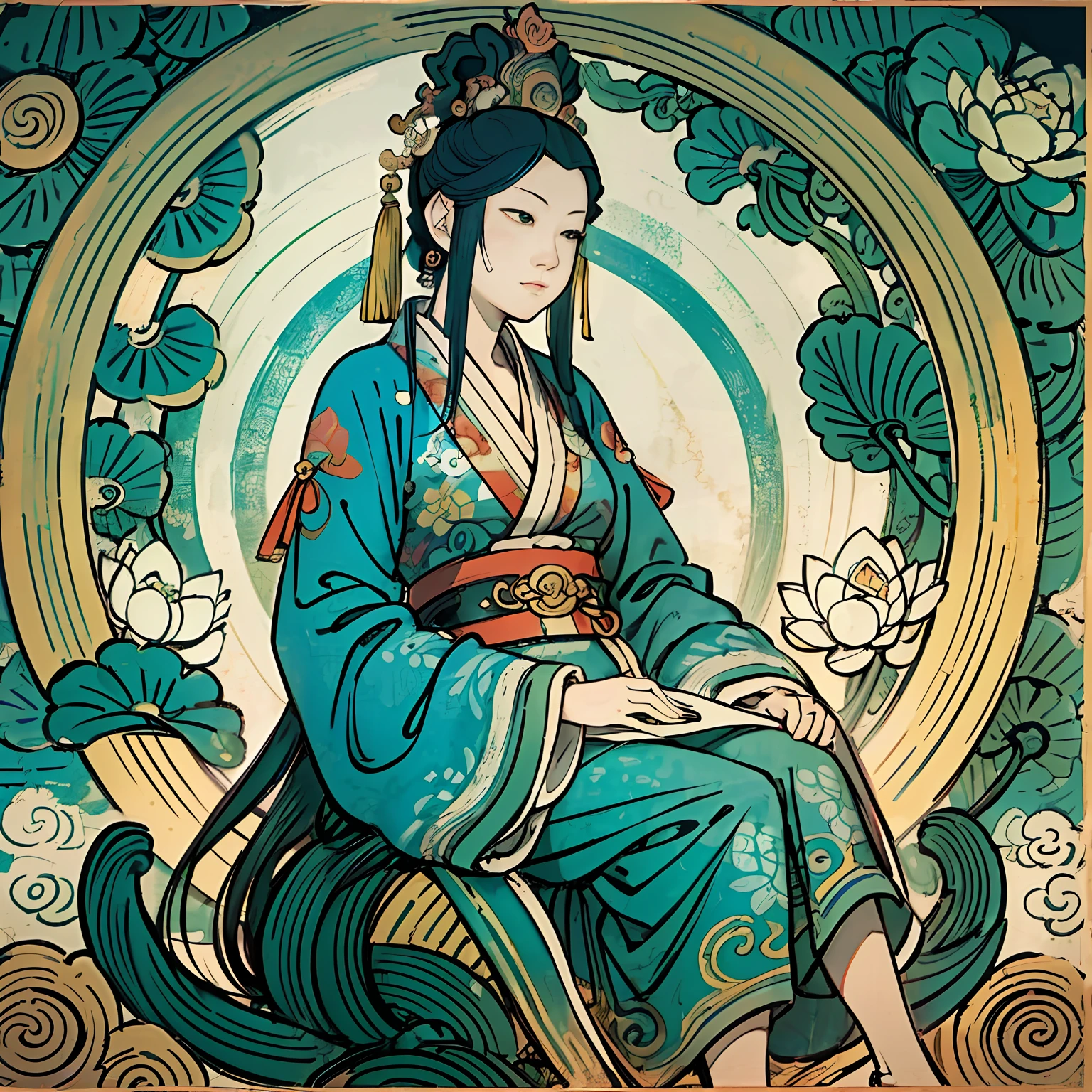 Woman sitting on a lotus,guanyin of the southern seas,Guanyin,contented female bodhisattva,jade sculpture,bodhisattva,queen of the sea mu yanling,serene,Serene expression,shui mo hua,Buddha,Buddhist,Lotus,Chinese painting style,Thangka style