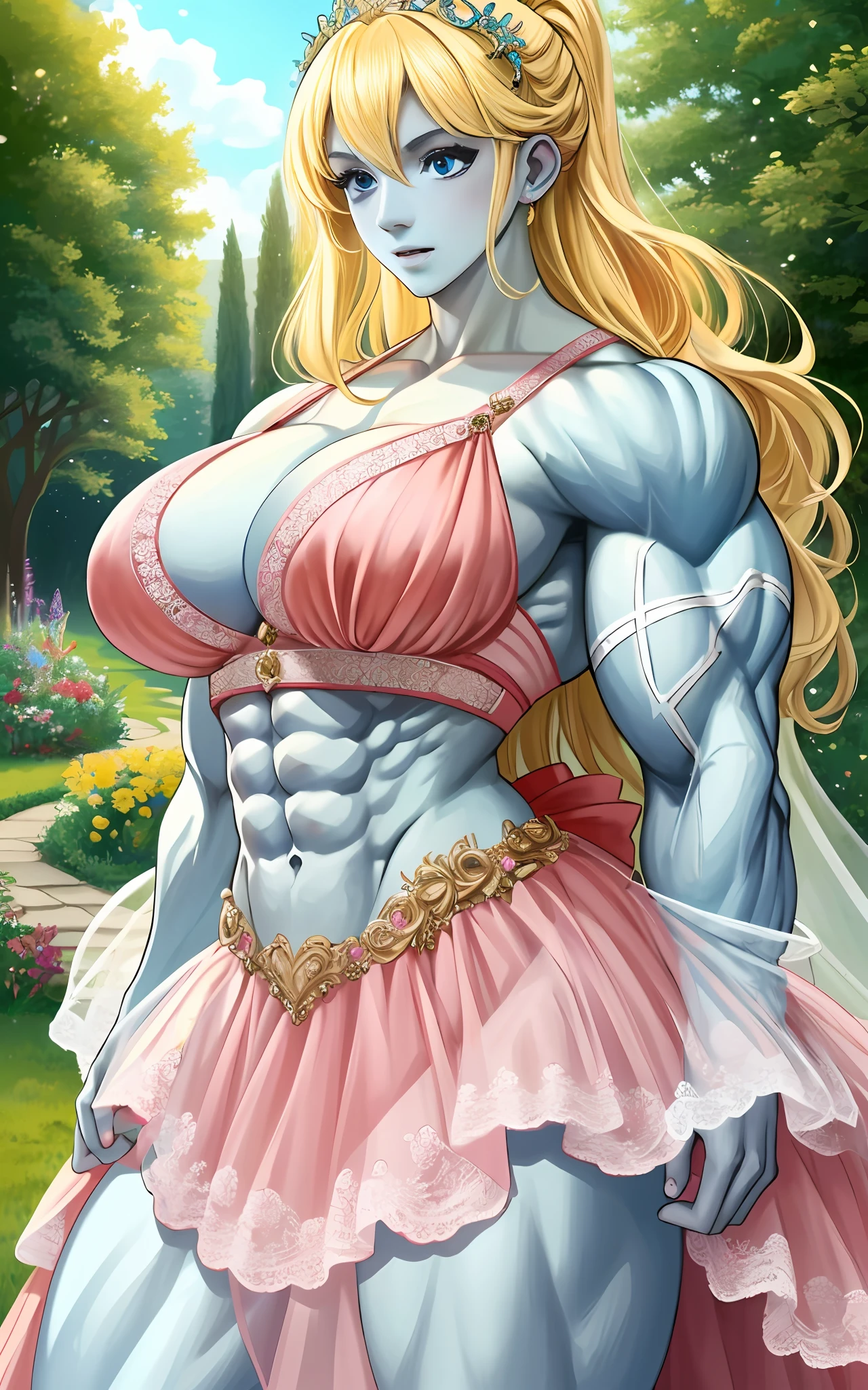 (1girll), huge tit, Breasts, Conque, Moisturizes skin, ,trpical garden , Fairy princess dress，Embellished with delicate lace and sparkling gemstones    ， teens girl,realistic illumination，top Quority，8K，tmasterpiece,Muscular female,Muscular,Abs,(Blonde hair), (Blue skin:1.4),