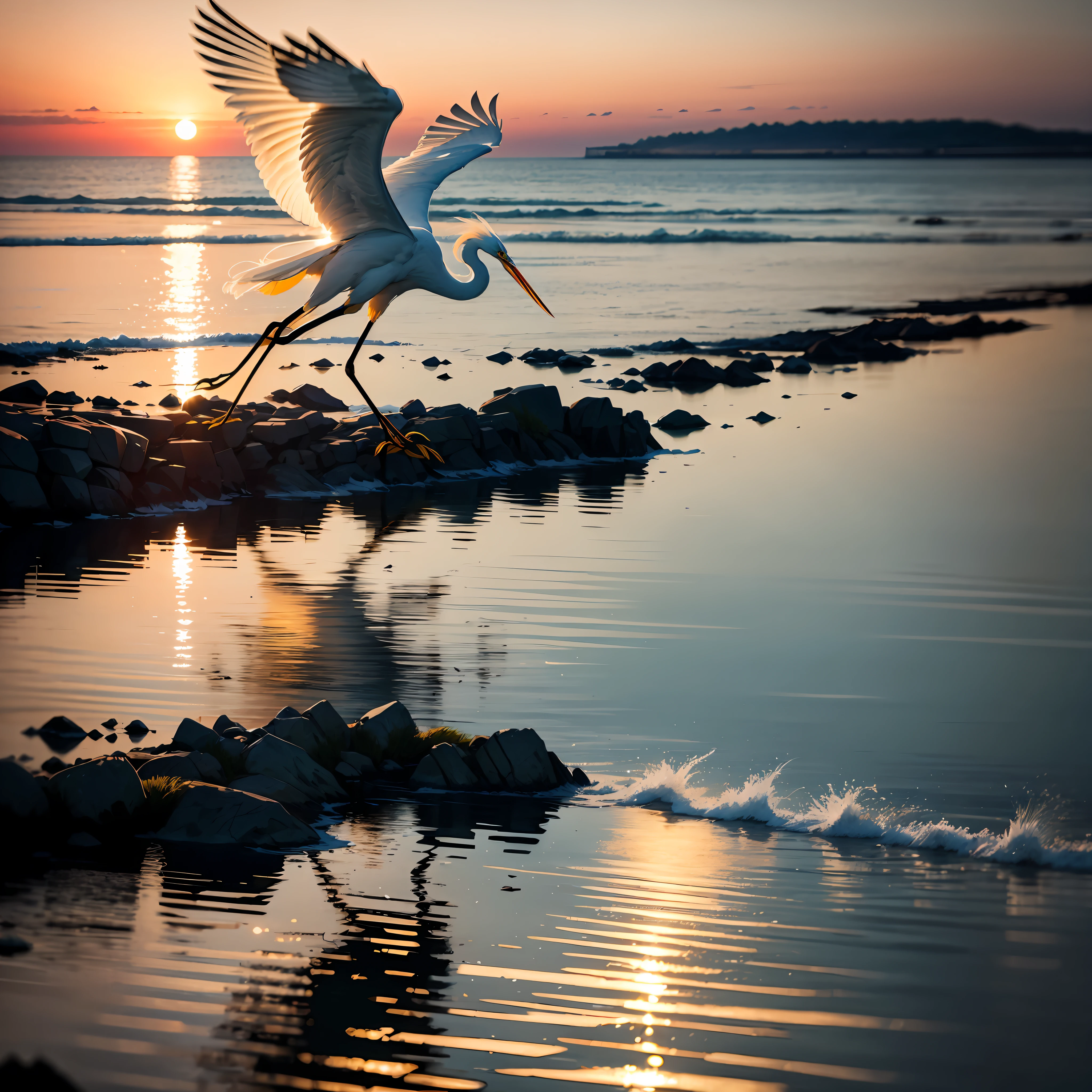 An egret flies,the setting sun,Water and sky,Hazy,Bird shadows intertwined with sunset，The blue water surface is stained with a yellow glow