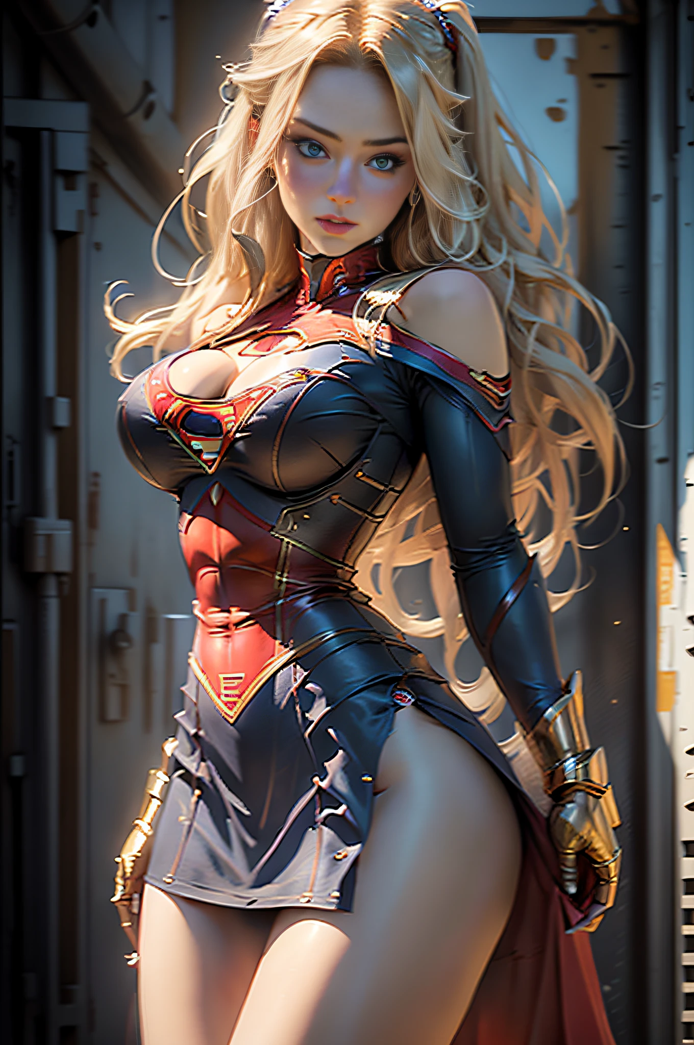 (Best quality)), ((Masterpiece)), ((Realistic)), （（Realistis）），(Detailed), Detailed face,supergirl Beautiful woman (20 years old, Long blonde hair, Blue eyes) Defined body, Detailed, using tube dress cosplay supergirl suite,(((Huge breasts)))