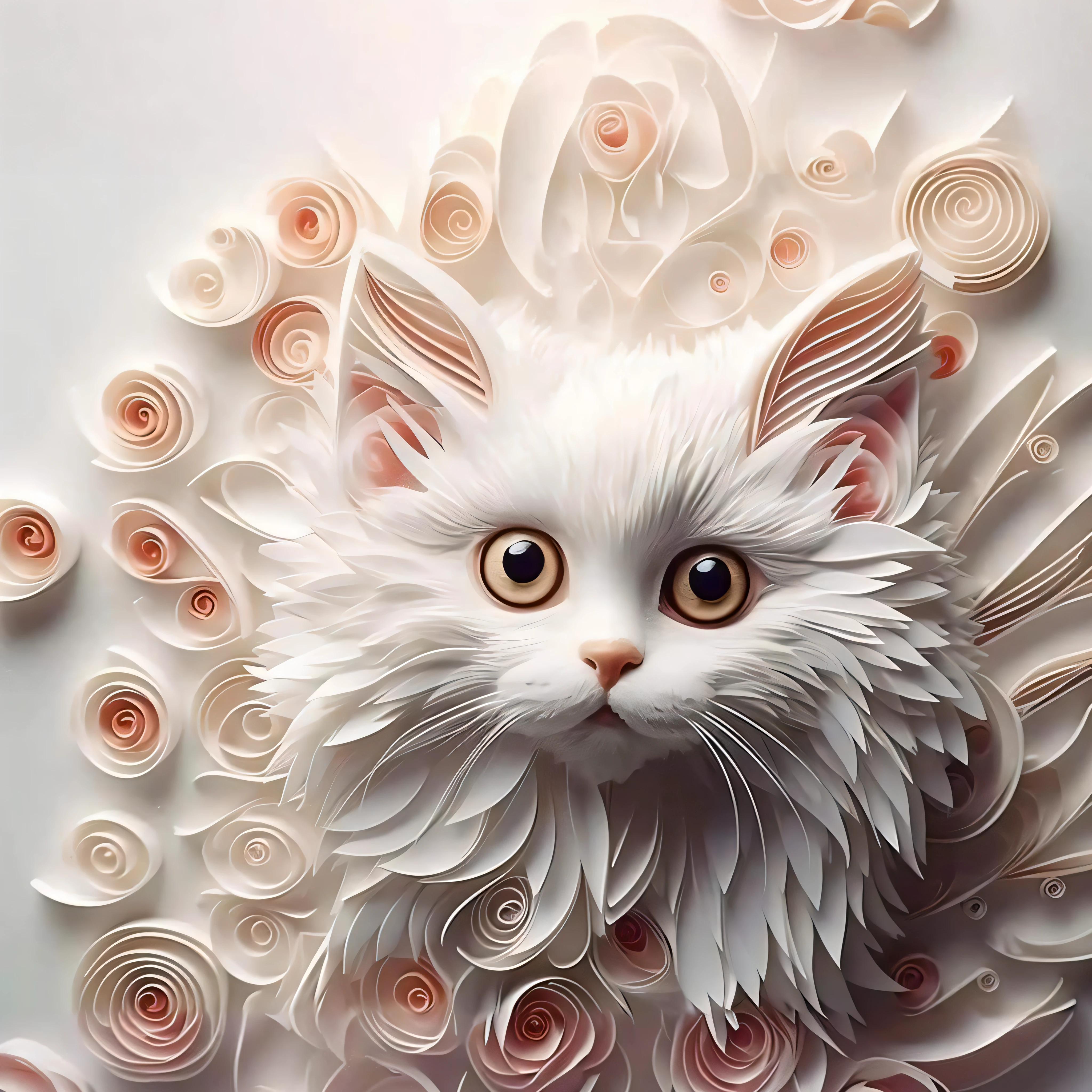 A white cat with big eyes and lots of paper flowers, cat detailed, elegant cat, White cat, cute detailed artwork, Cute detailed digital art, microscopic cat, made of paper, paper modeling art, beautiful cat, realistic anime cat, cat design, anime cat, A painting of a cat, beautiful animal pearl queen, with gorgeous detailed eyes