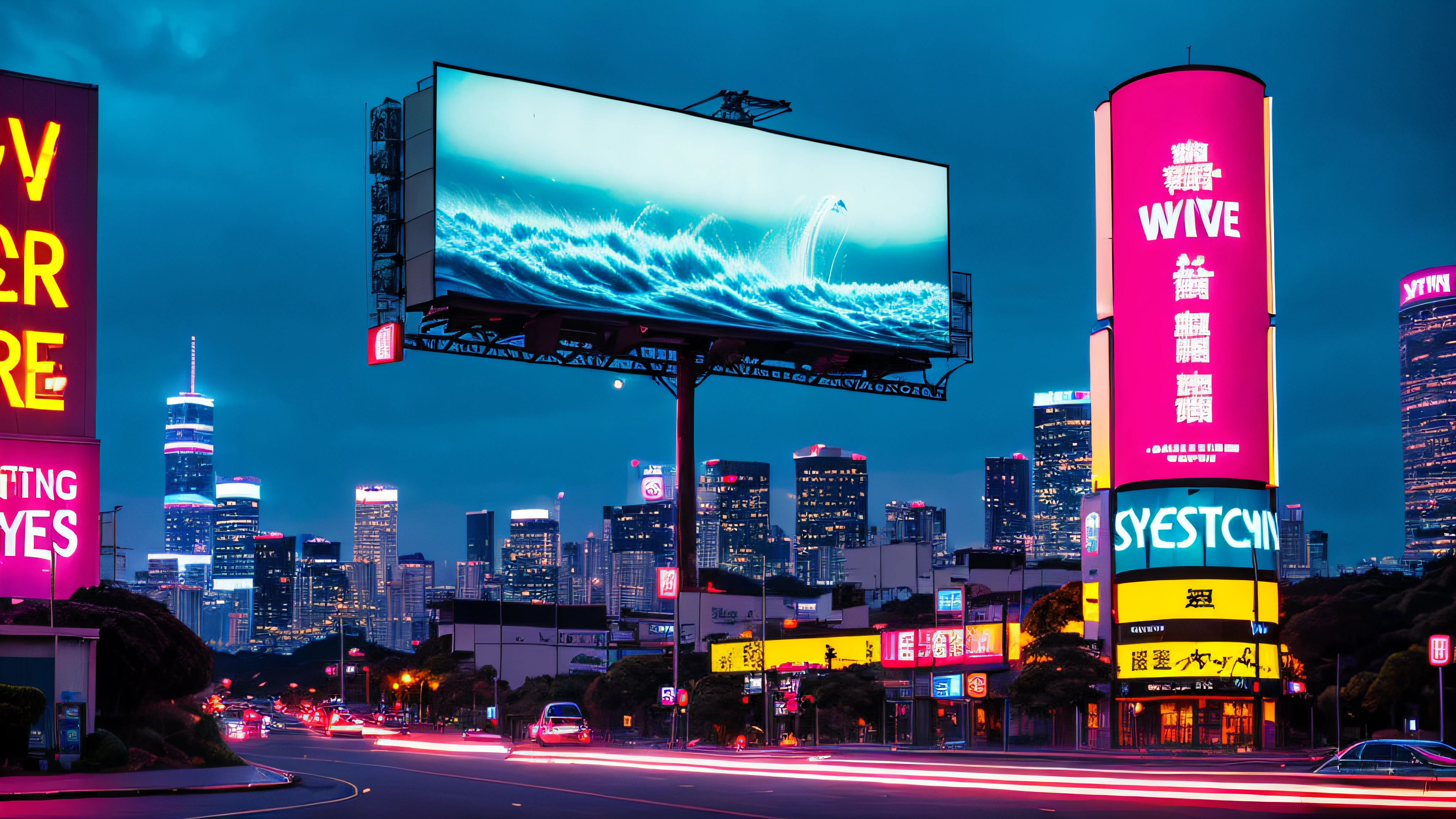 City atmosphere，alien worlds，Japanese-style synthetic waves，neonlight，advertising billboard,Estilo Synthwave