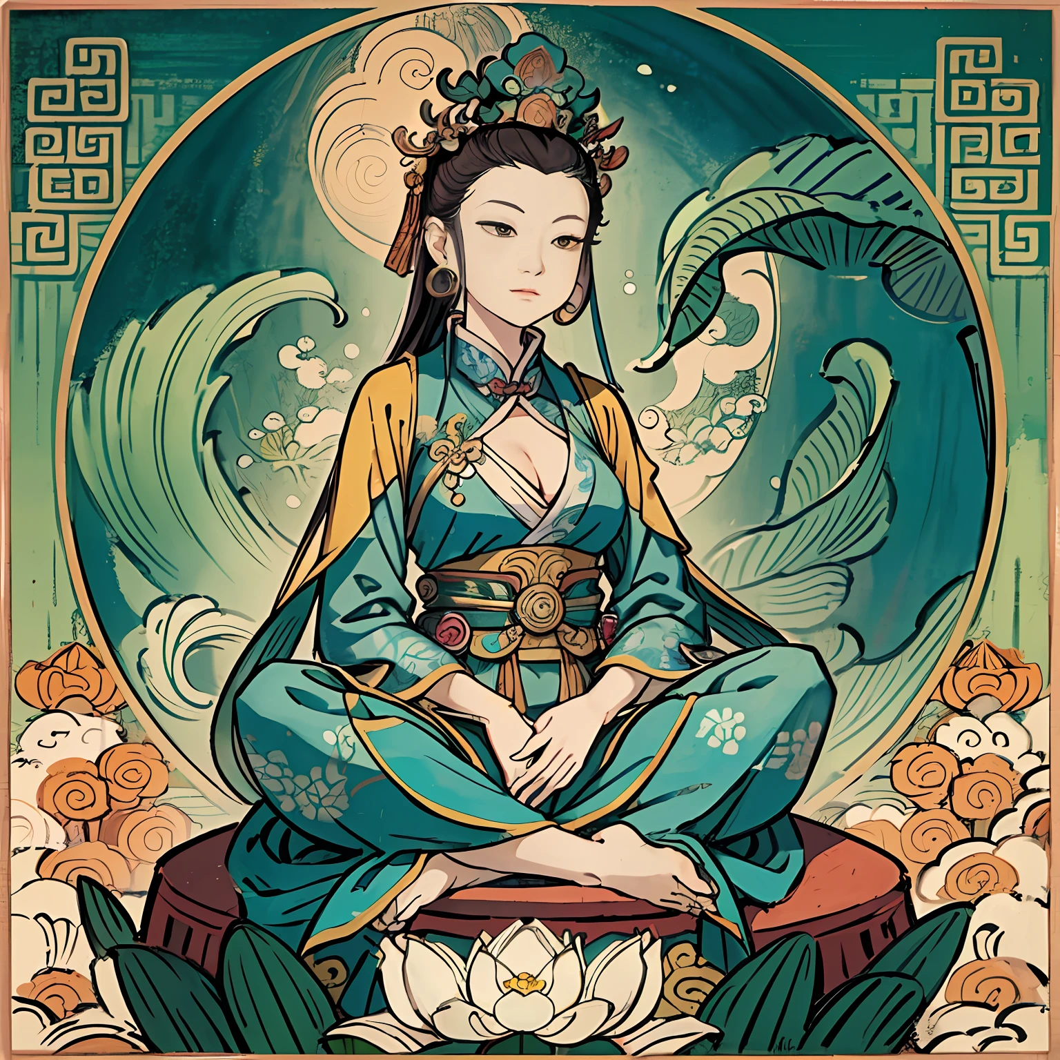 Woman sitting on a lotus,guanyin of the southern seas,Guanyin,contented female bodhisattva,jade sculpture,bodhisattva,queen of the sea mu yanling,serene,Serene expression,shui mo hua,Buddha,Buddhist,Lotus,Chinese painting style,Thangka style