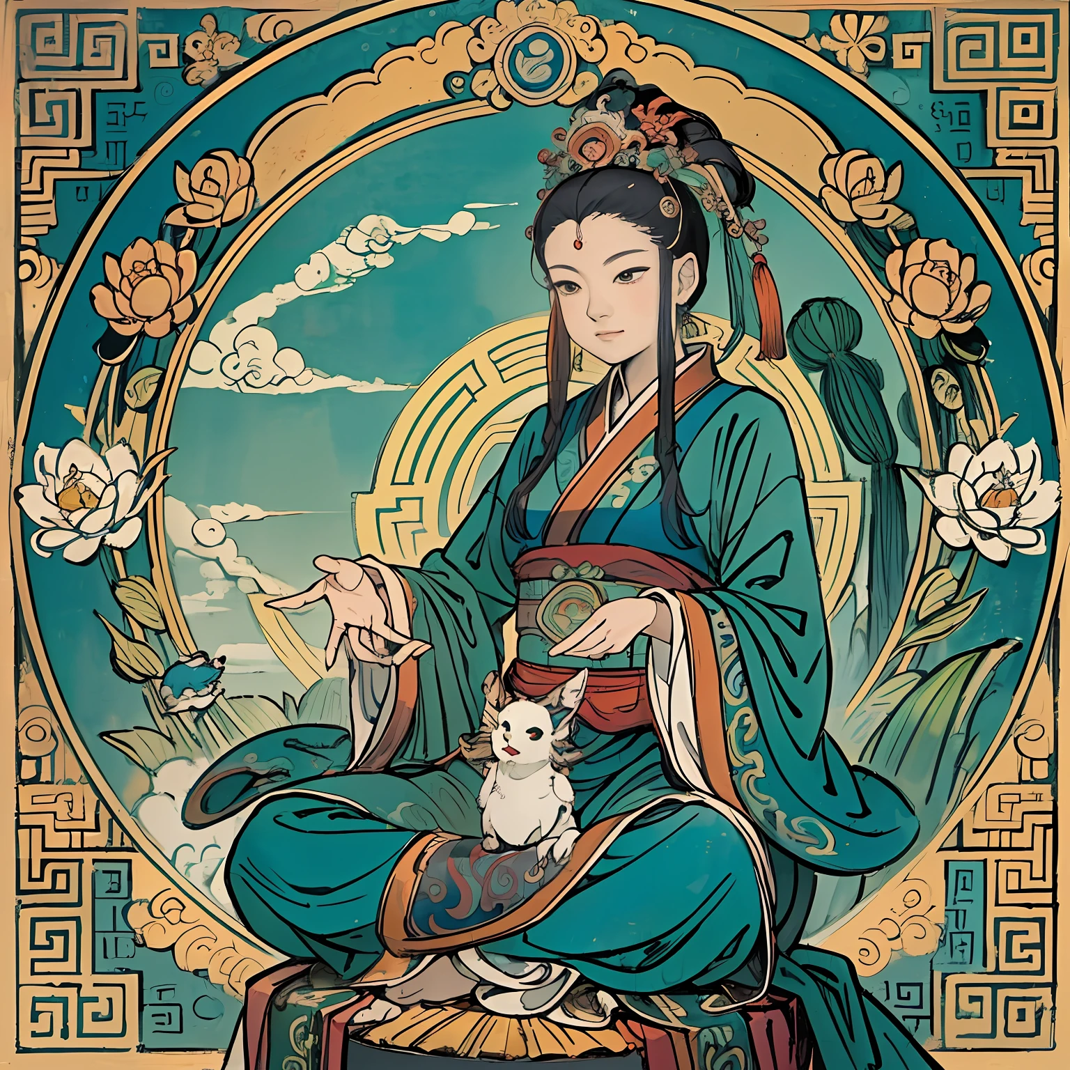 Woman sitting on a lotus,guanyin of the southern seas,Guanyin,contented female bodhisattva,jade sculpture,bodhisattva,queen of the sea mu yanling,serene,Serene expression,shui mo hua,Buddha,Buddhist,Lotus,Chinese painting style,Thangka style