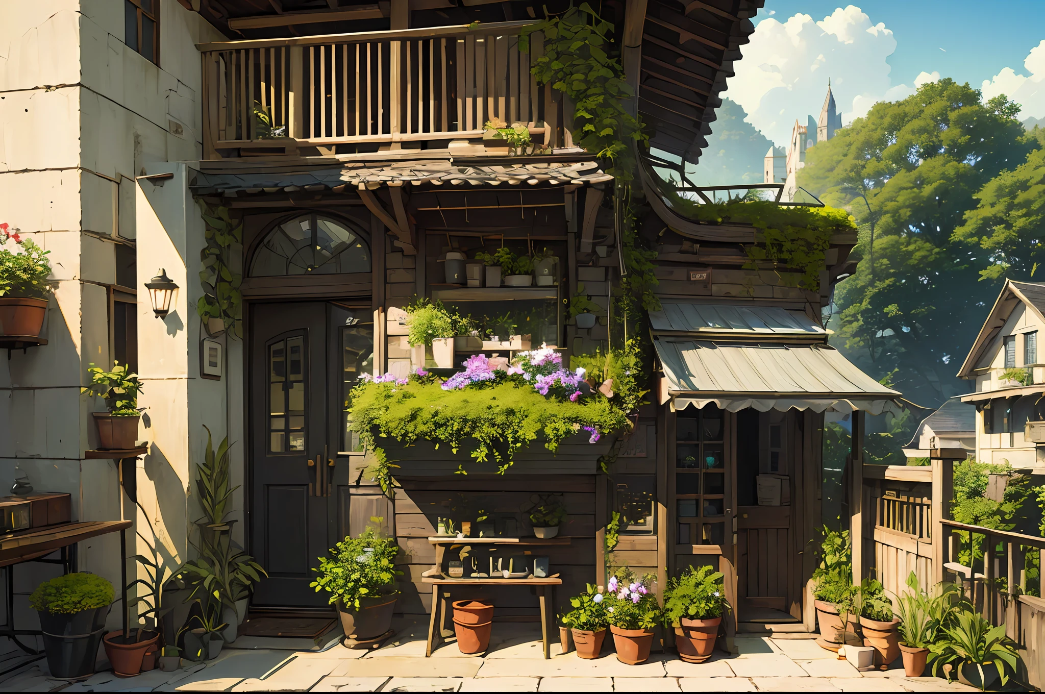 (micro-landscape:1.5),(best quality), ((masterpiece)), (highres), illustration, original, extremely detailed wallpaper, no humans, window, scenery, plant, water, potted plant, outdoors, building, door, house, flower pot, day, lily pad, chair, flower, table, stairs, watermark, hat, tree, sunlight, pond, grass, indoors, reflection, lamp, balcony, black headwear, bush, sky, railing, desk, open window, shelf, leaf, book, web address, copyright name, ladder, architecture, shadow, solo, dated, vines, vase, city, cafe, lantern, bucket, ruins, bench, shop, signature, moss, boat, barrel, river,