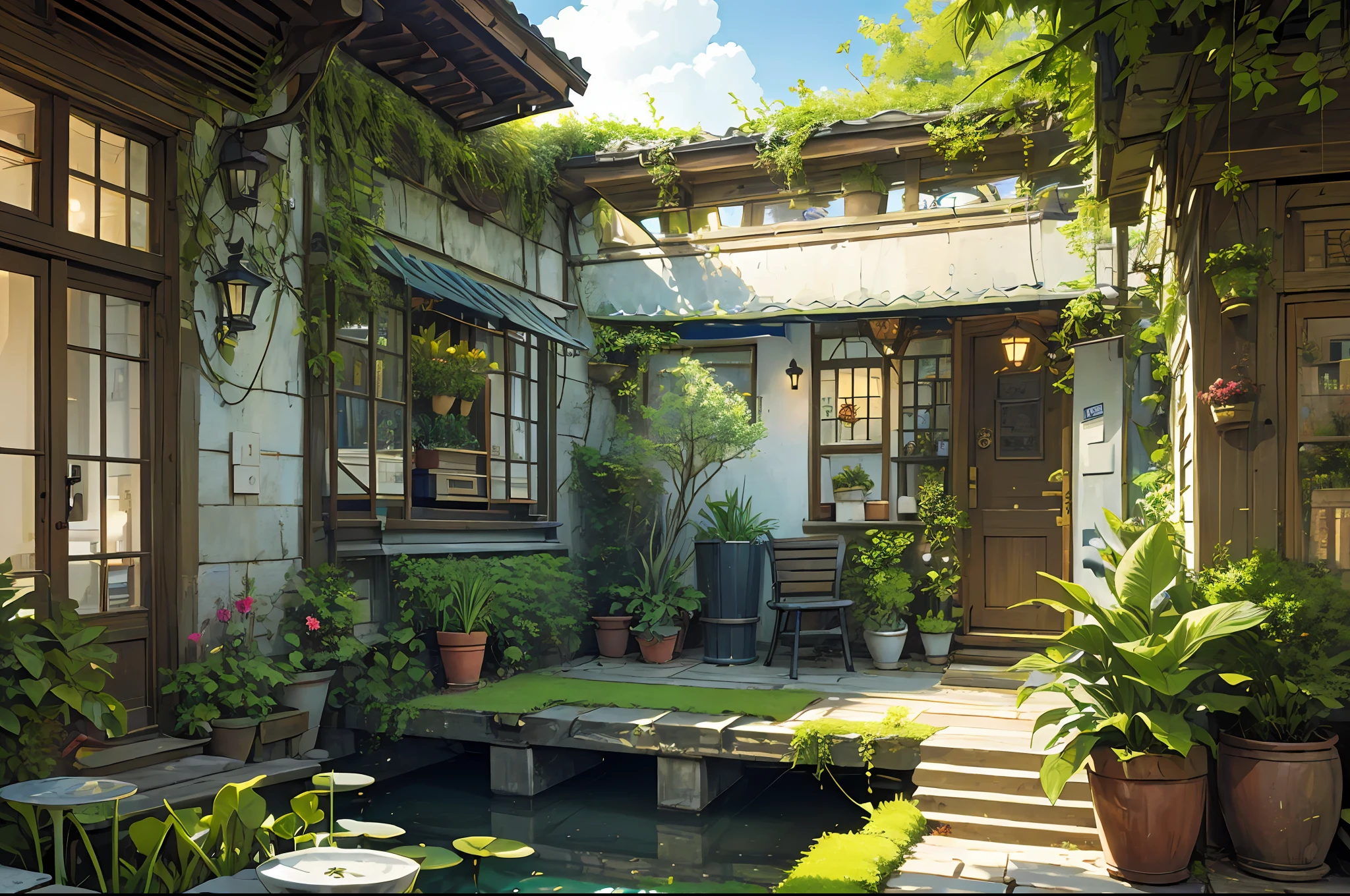 (micro-landscape:1.5),(best quality), ((masterpiece)), (highres), illustration, original, extremely detailed wallpaper, no humans, window, scenery, plant, water, potted plant, outdoors, building, door, house, flower pot, day, lily pad, chair, flower, table, stairs, watermark, hat, tree, sunlight, pond, grass, indoors, reflection, lamp, balcony, black headwear, bush, sky, railing, desk, open window, shelf, leaf, book, web address, copyright name, ladder, architecture, shadow, solo, dated, vines, vase, city, cafe, lantern, bucket, ruins, bench, shop, signature, moss, boat, barrel, river,