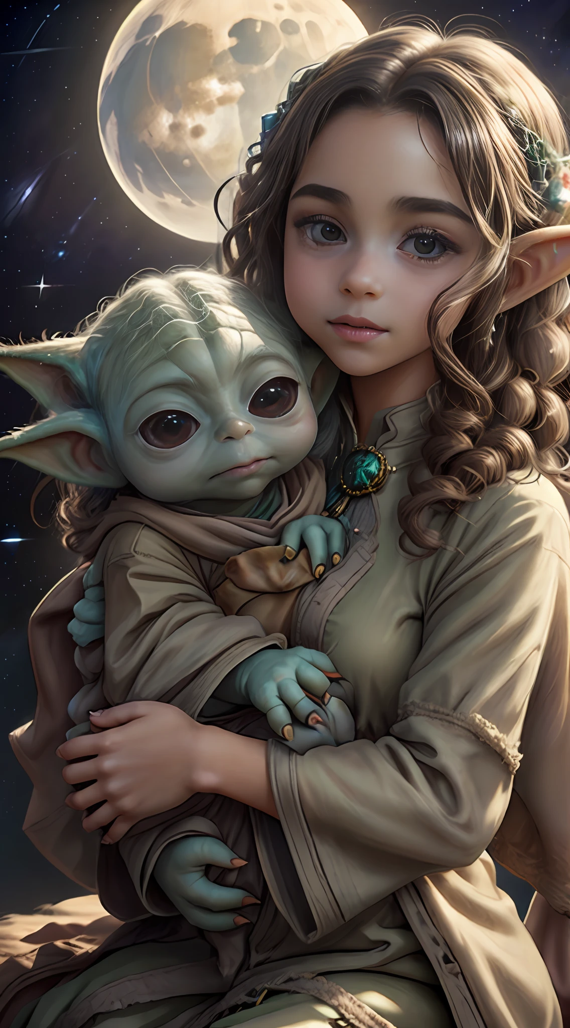 a beautiful human girl with curly brown hair holding a  Yoda in her lap, Grogo, yoda guerra nas estrelas, art-station, .cgi_animation