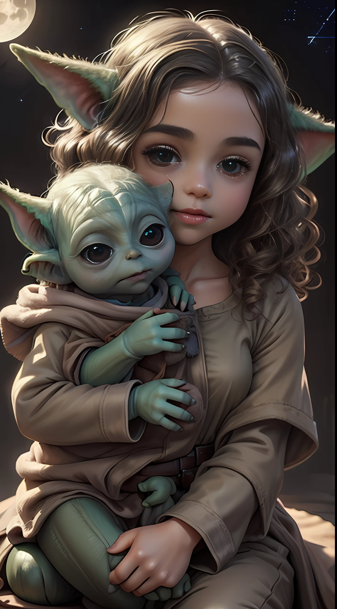 a beautiful  human girl with brown curly hair holding a baby Yin her lap, Grogo, yoda guerra nas estrelas, artstation, CGI_Animation