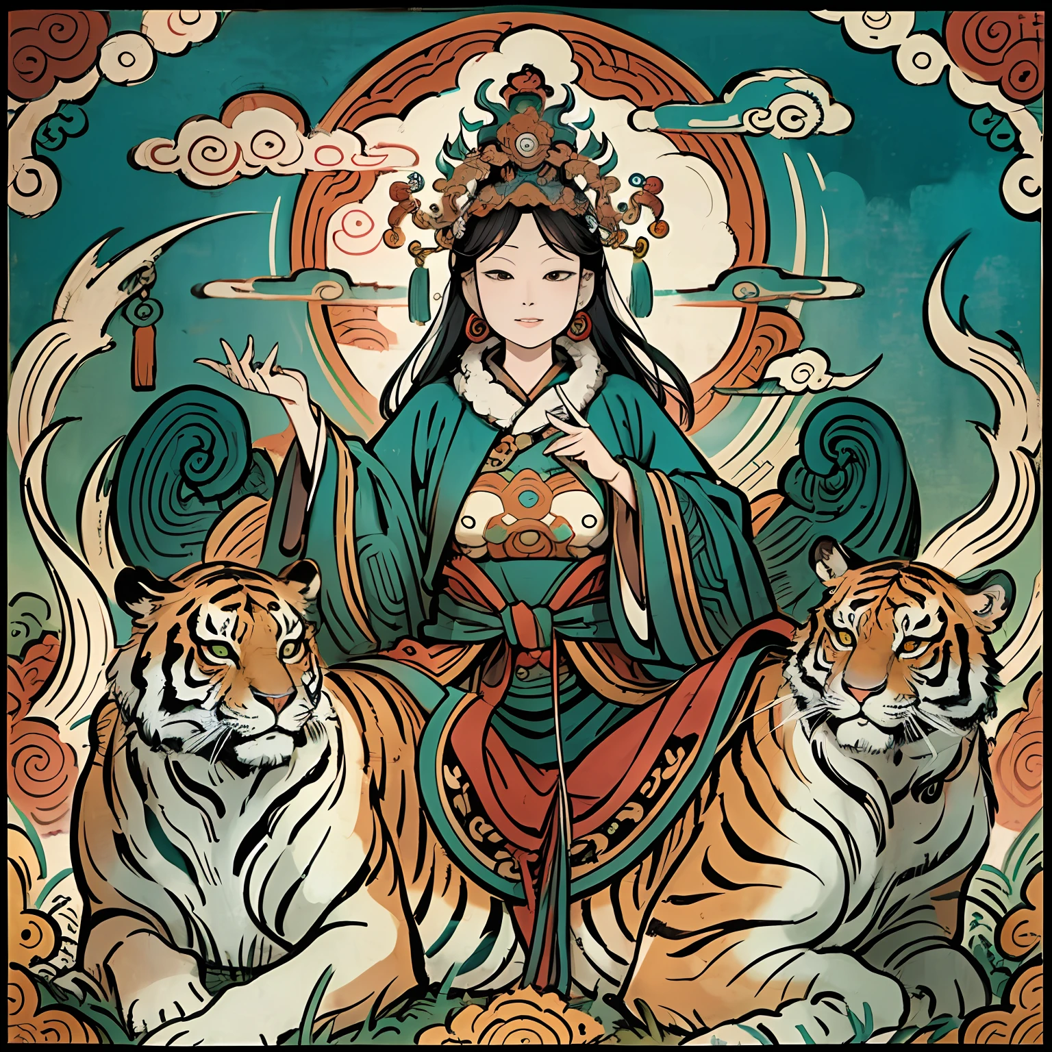 an ancient Chinese goddess, guanyin of the southern seas, Guanyin, Inspired by India, Avalokiteshvara rides a tiger,Serene expression,shui mo hua,Buddha,Buddhist,Lotus,Chinese painting style,Thangka style