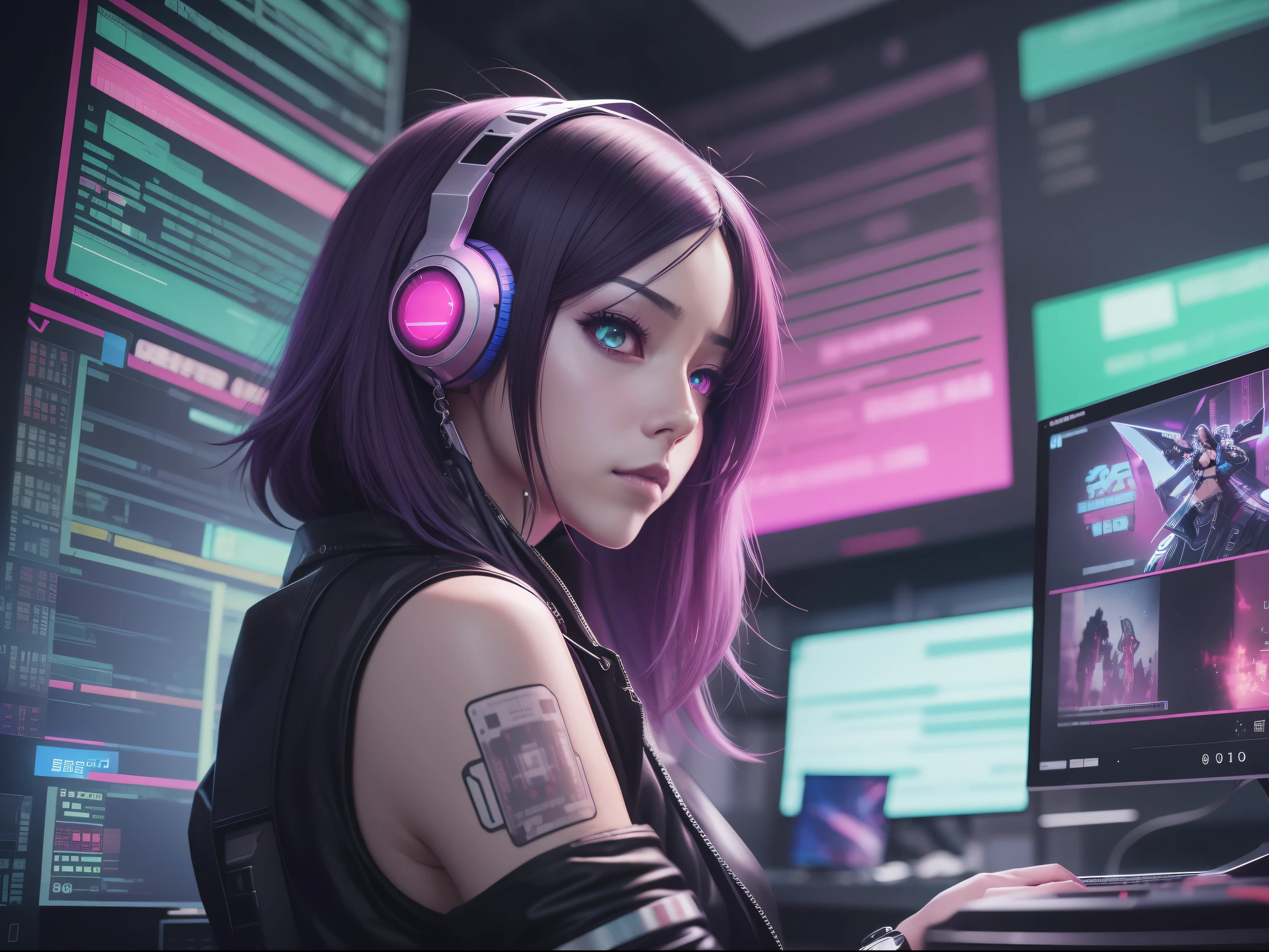 There was a man looking at a computer screen, digitl cyberpunk - anime art, Digital cyberpunk anime art, cyber aesthetic, Anime cyberpunk moderno, anime cyberpunk art, Cyber style, cyberpunk anime art, Cyberpunk art style, cyber punk style, anime cyberpunk, cyberpunk hacker, in cyberpunk aesthetic, digital cyberpunk anime!!, cyberpunk aesthetics, cyber punk setting, Cyberpunk)))