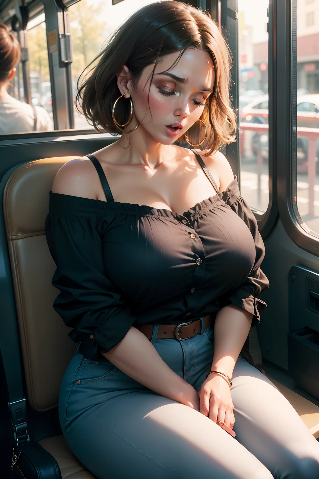 1 beautiful woman, large body, 30-year-old female, made-up face, brown hair, short shoulder-length hair, hoop earrings, long-sleeved button-down shirt, blue jeans, black handbag, arms crossed, long fingernails , asleep sitting on the bus, looking out the window, eyes closed, head resting on the seat, mouth wide open.