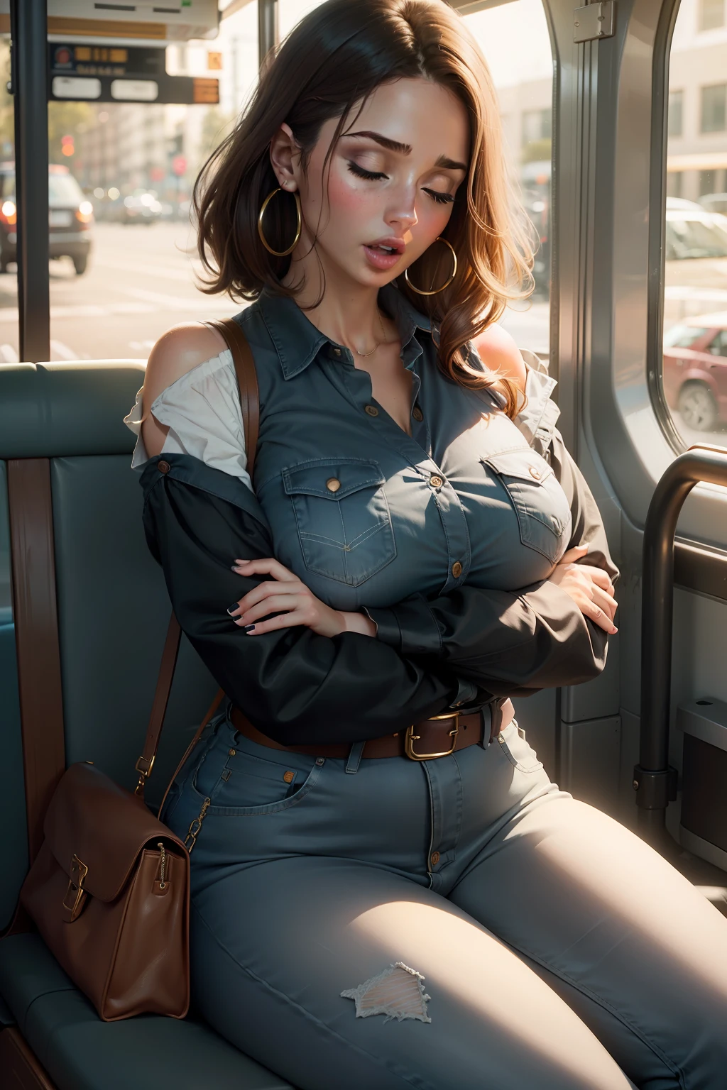 1 beautiful woman, large body, 30-year-old female, made-up face, brown hair, short shoulder-length hair, hoop earrings, long-sleeved button-down shirt, blue jeans, black handbag, arms crossed, long fingernails , asleep sitting on the bus, looking out the window, eyes closed, head resting on the seat, mouth wide open.