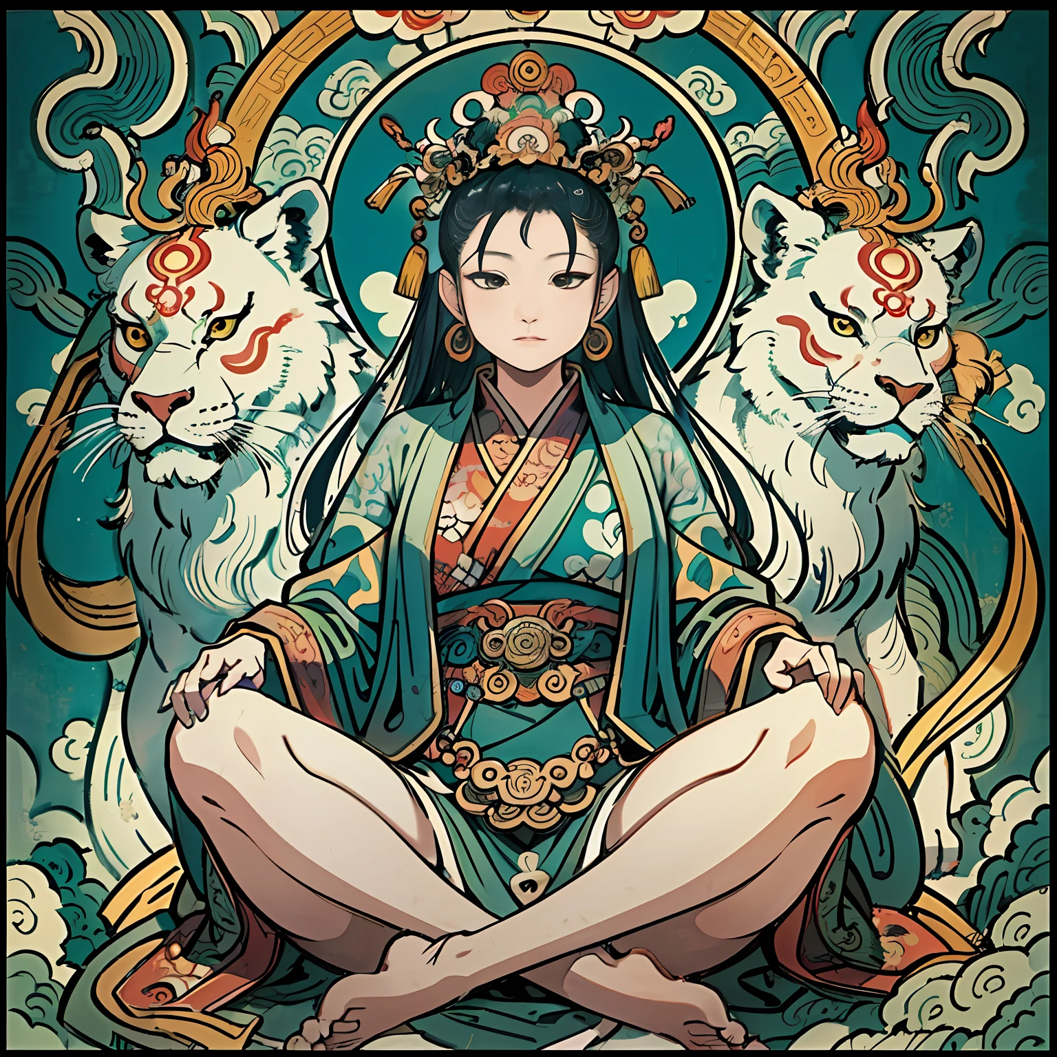 an ancient Chinese goddess, guanyin of the southern seas, Guanyin, Inspired by India, Avalokiteshvara rides a lion,,Serene expression,shui mo hua,Buddha,Buddhist,Lotus,Chinese painting style,Thangka style