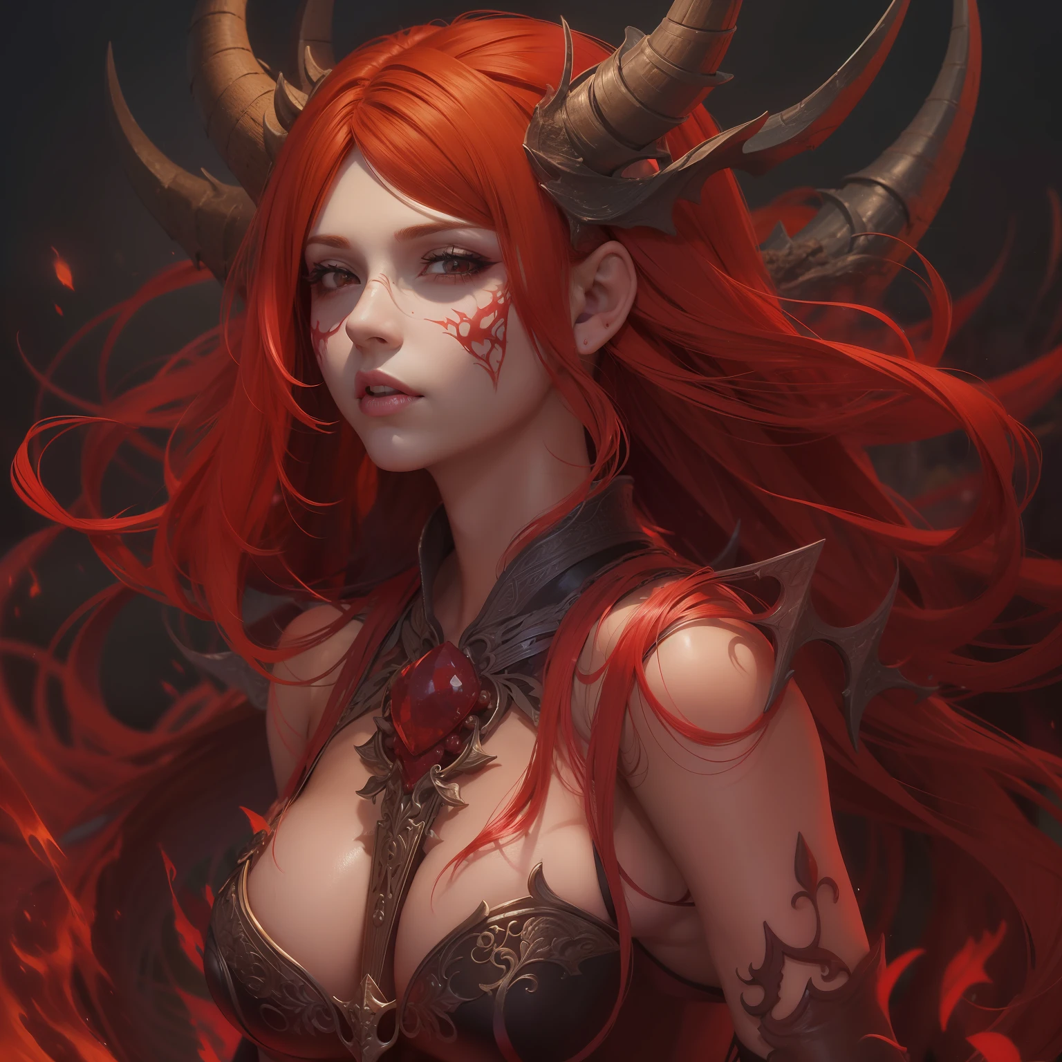 1 female, Demon, red hair, Chifres, Asas de morcego, Demon, olhos alaranjados , Ultra Qualidade, roupas curtas 24 anos, Magia flutuante