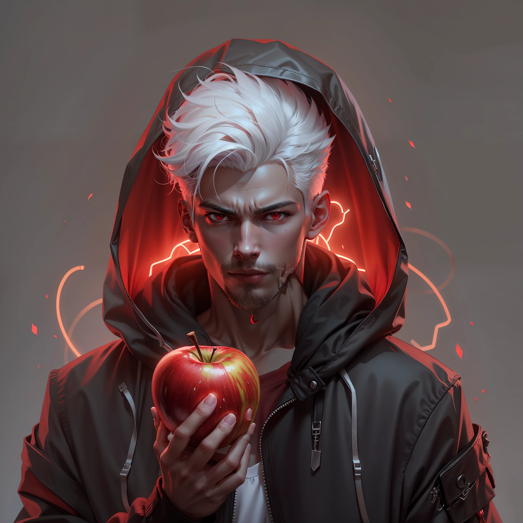 Male character hooded white hair with red neon holding apple in front