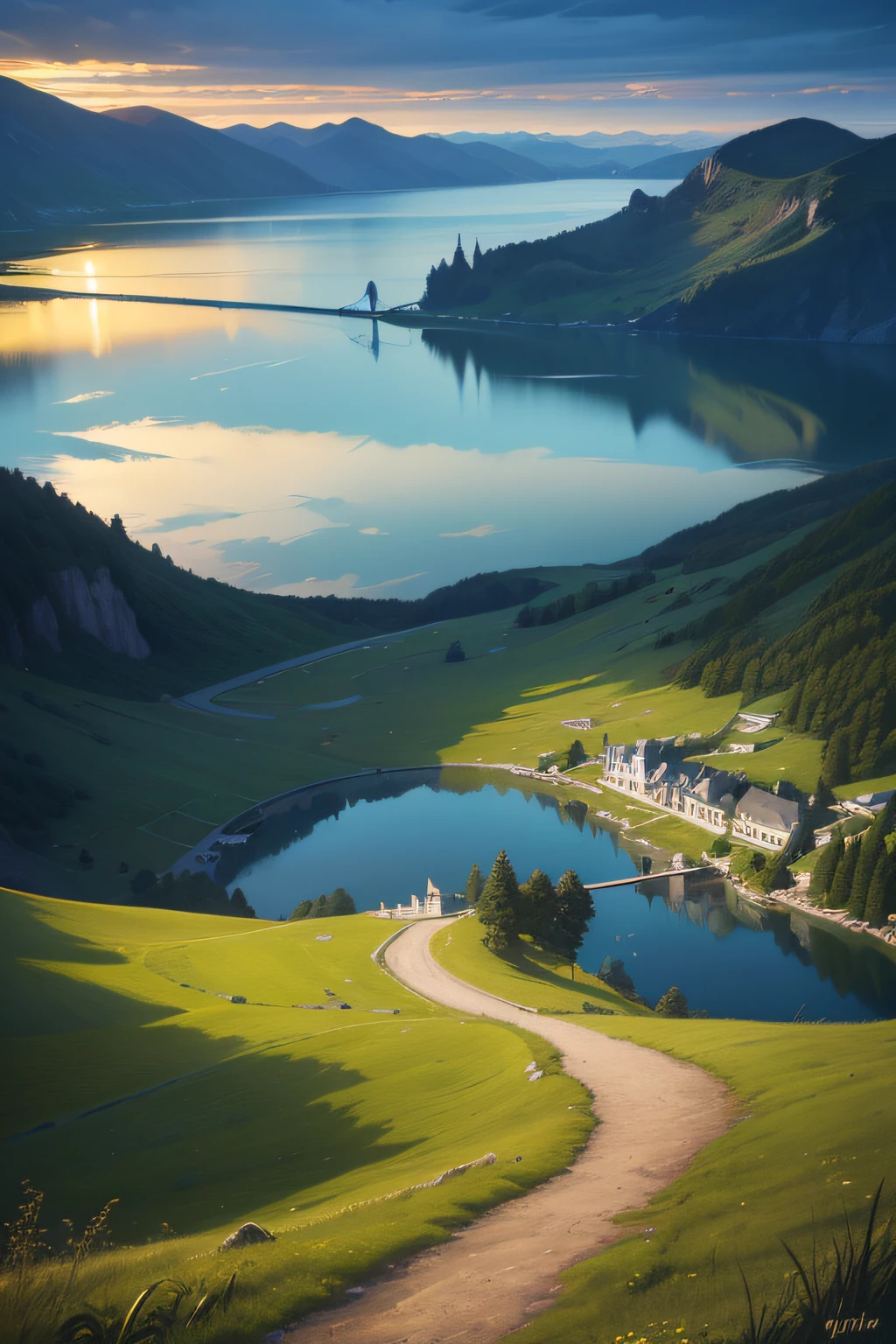 (highly detailed), ((masterpiece)),(Impasto), intricate, digital painting,shadow ,landscapes , fantasy,delicate grassland,(piers:1.3),(lake:1.3),(villiage:1.2),lights,clear sky ,wind ,beautiful sky ,cumulus ,(night star)