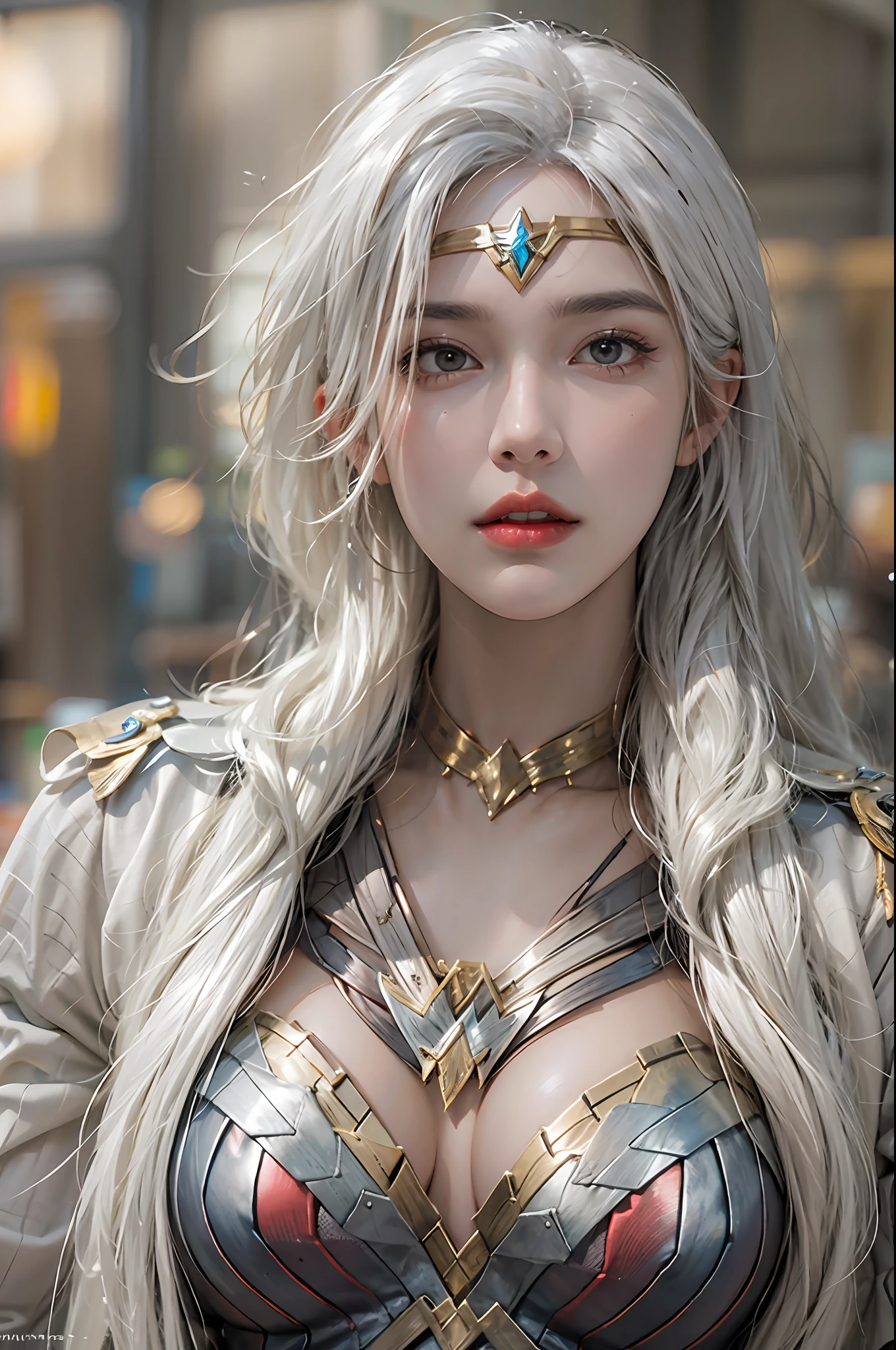 photorealistic, high resolution, 1women, solo, hips up, look at viewer, (detailed face), white hair, wonder woman costume, tattoo, jewelry