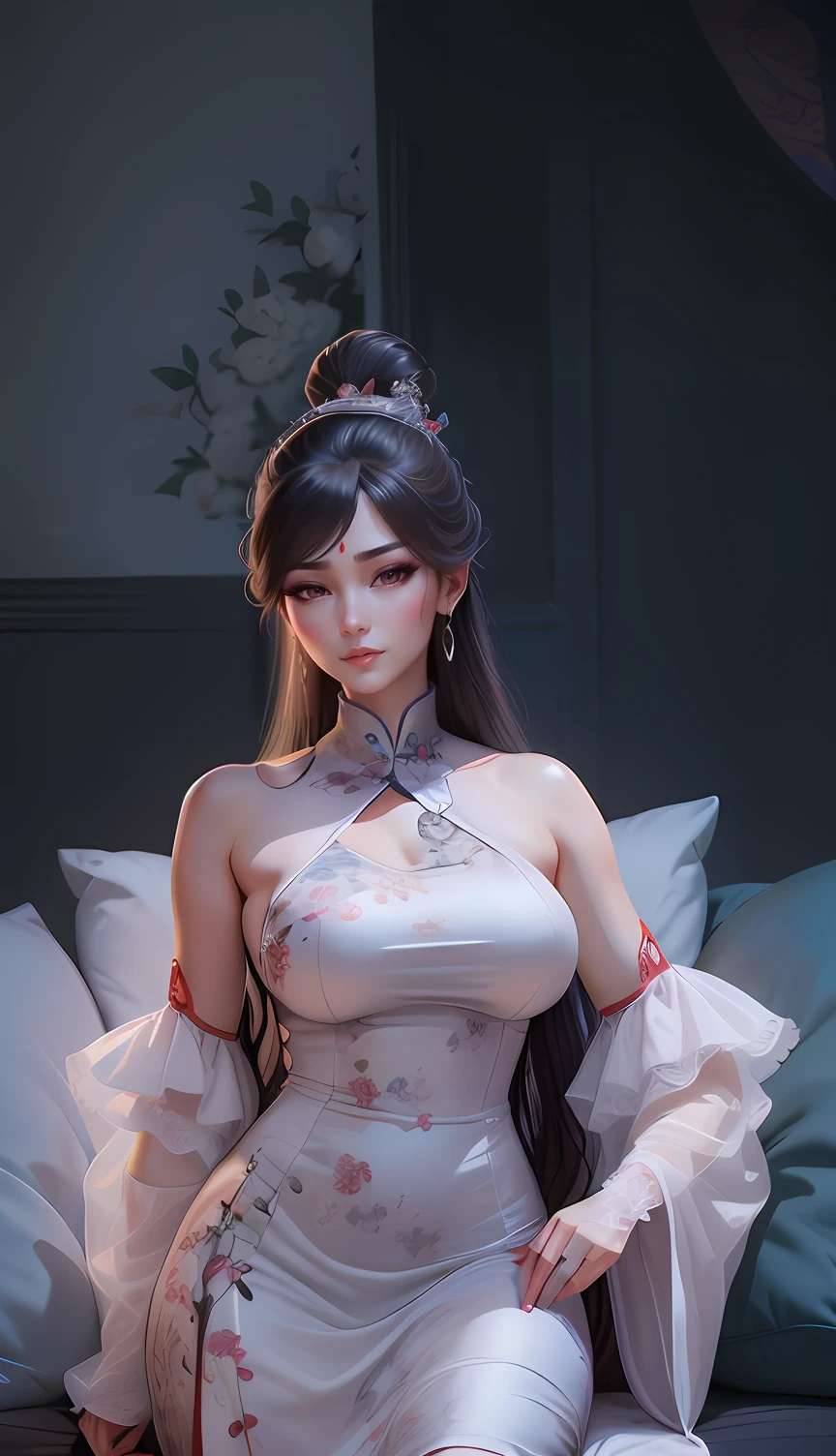 a woman wearing a cheongsam,
(((masterpiece))), ((best quality)), ((intricate detailed)), ((Hyperrealistic)), absurd res, milf, mature woman, perspective, highly detailed, illustration, 1girl, ((large breasts)), perfect hands, detailed fingers, beautiful detailed eyes, updo hair, brown eyes, ( sexy chinese dress:1.2), earrings, detailed background, perfect eyes, seductive eyes, looking at the viewer, from front    yue chan skirt, 8k resolution, yue chan face