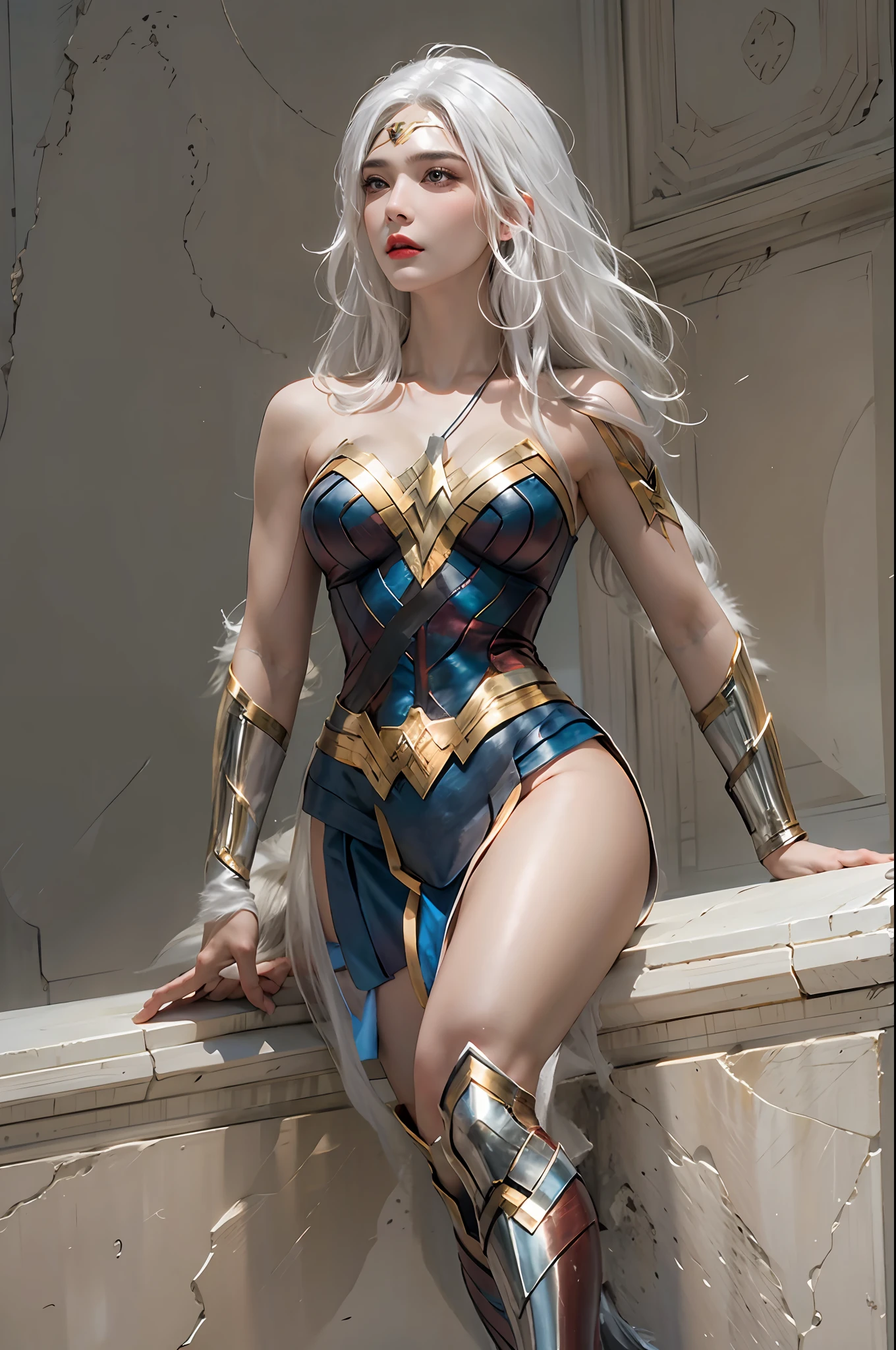photorealistic, high resolution, 1women, solo, hips up, look at viewer, (detailed face), white hair, wonder woman costume, tattoo, jewelry