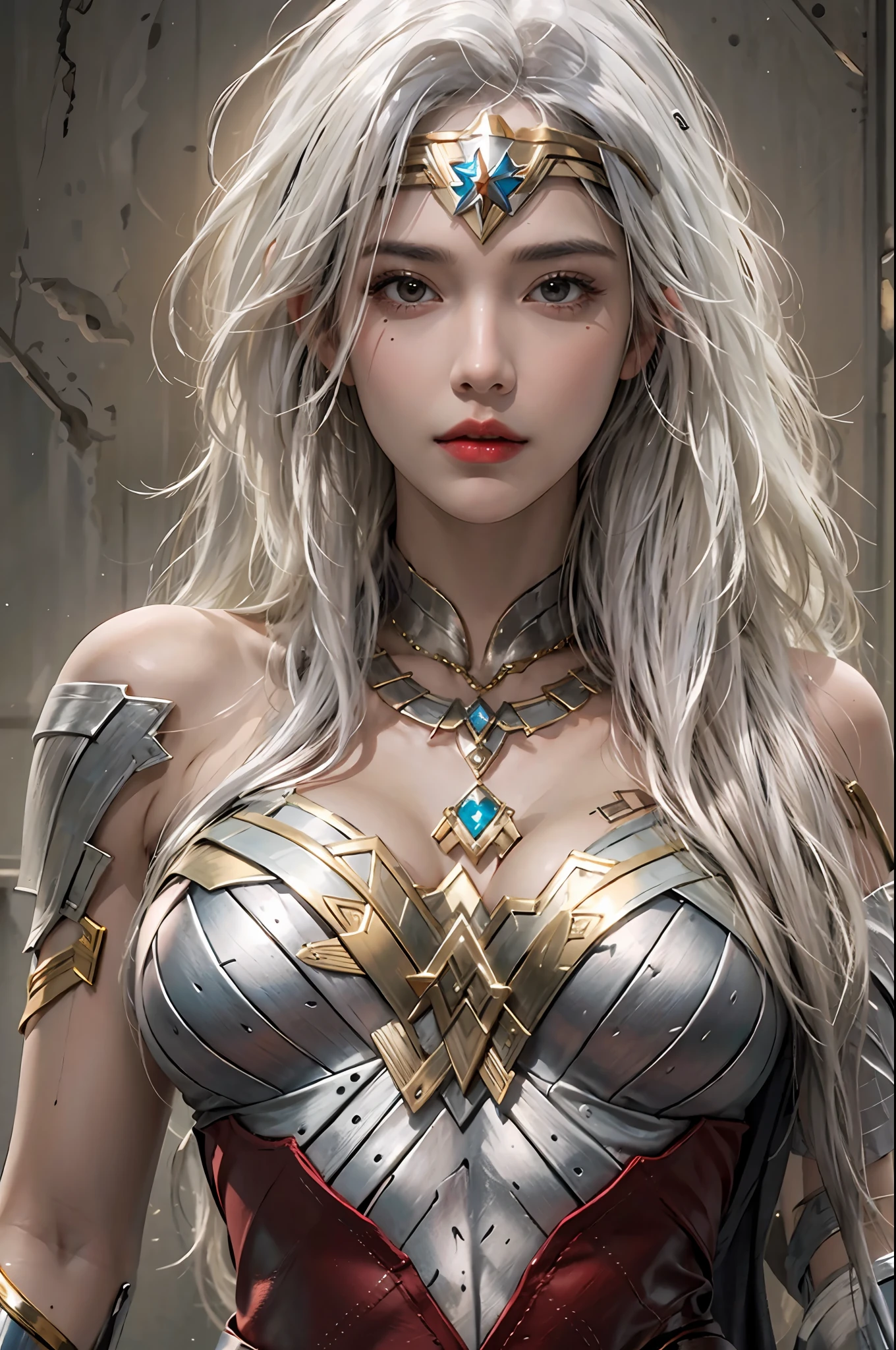 photorealistic, high resolution, 1women, solo, hips up, look at viewer, (detailed face), white hair, wonder woman costume, tattoo, jewelry