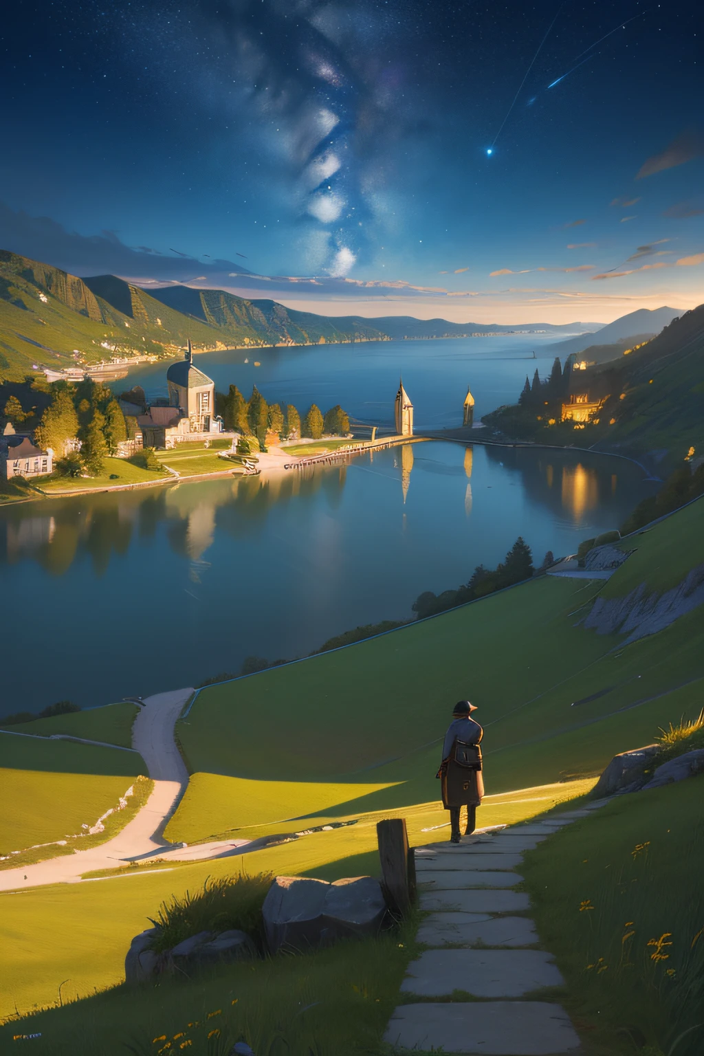 (highly detailed), ((masterpiece)),(Impasto), intricate, digital painting,shadow ,landscapes , fantasy,delicate grassland,(piers:1.3),(lake:1.3),(villiage:1.2),lights,clear sky ,wind ,beautiful sky ,cumulus ,(night star)